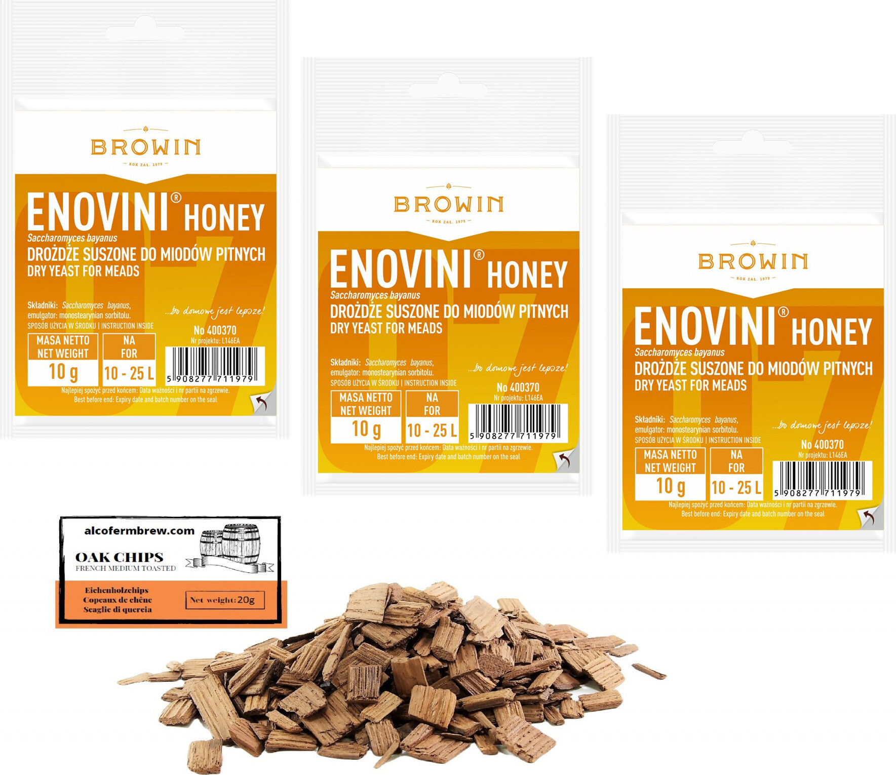 Alcofermbrew 3 x Honigwein Hefe 10g/25L + Eichenholzchips, Trocken Methefe, Weinhefe