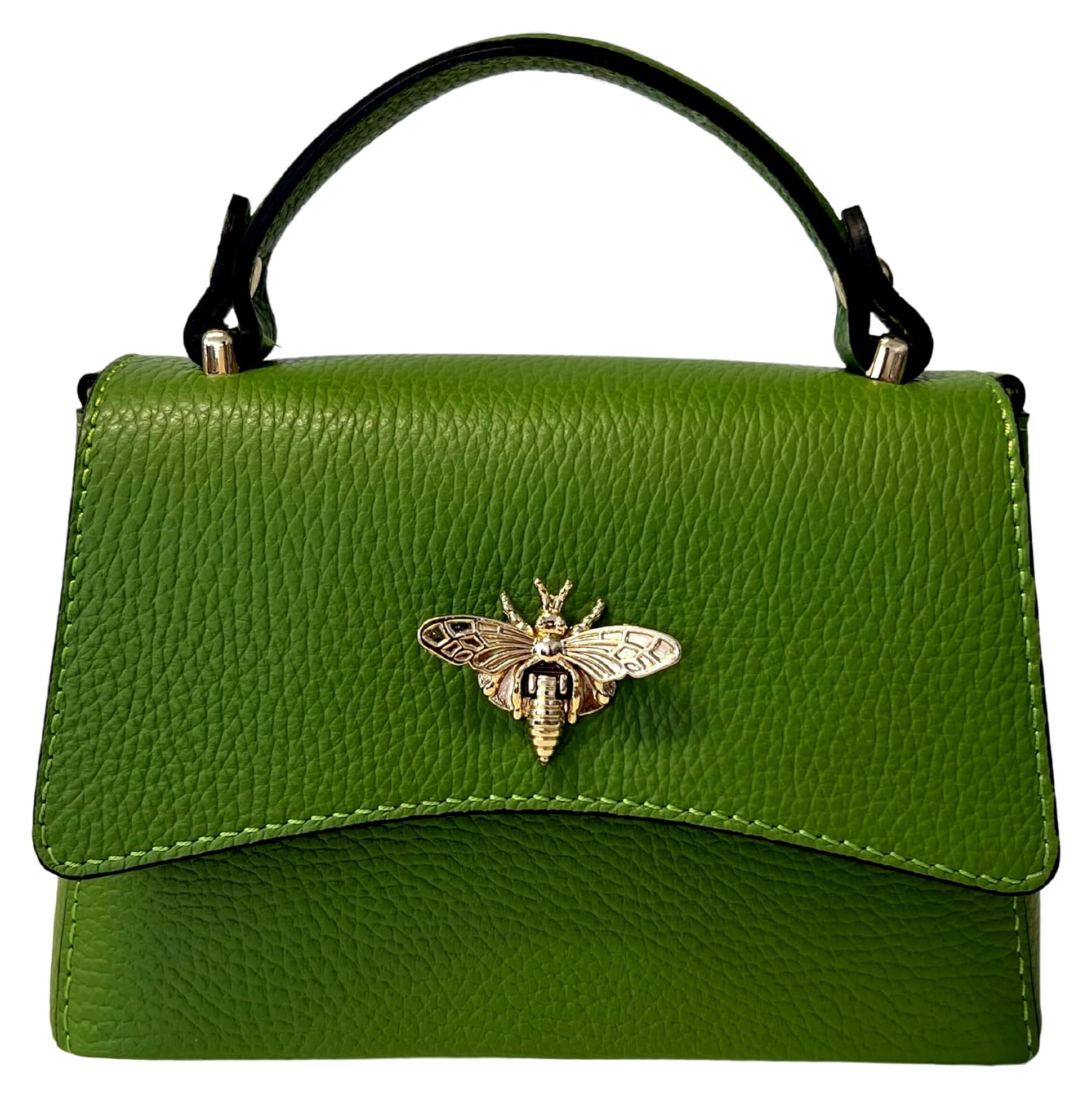 Markenlos Damen-Umhängetasche aus echtem Leder mit Bienen-Verschluss, 20 x 7 x 14 cm, Zyperngrün, 20 x 7 x 14 cm