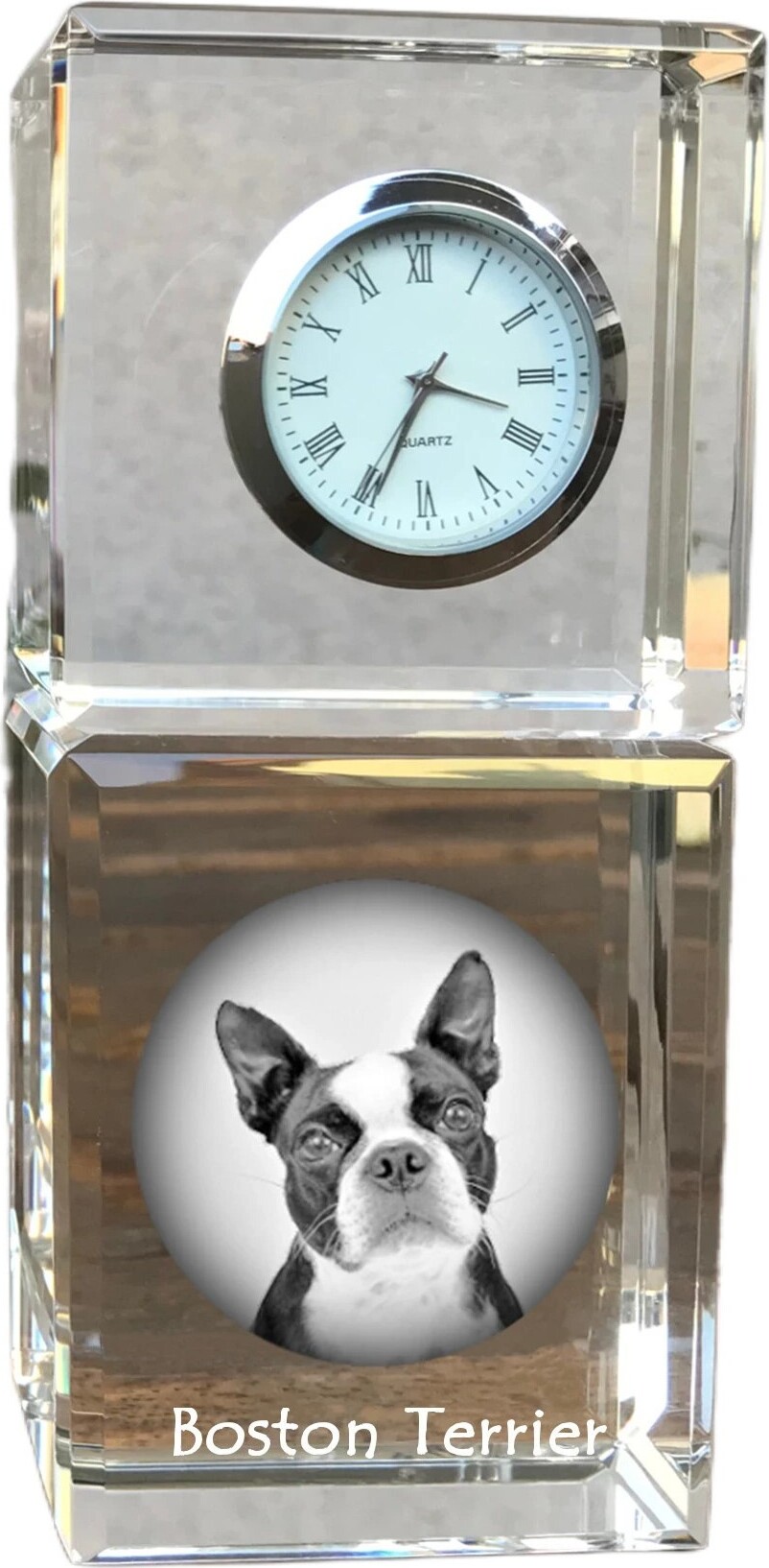 Boston Terrier - Kristalluhr mit Foto, Hundebild im Kristall, personalisierte Schreibtischuhr von Art-Dog.