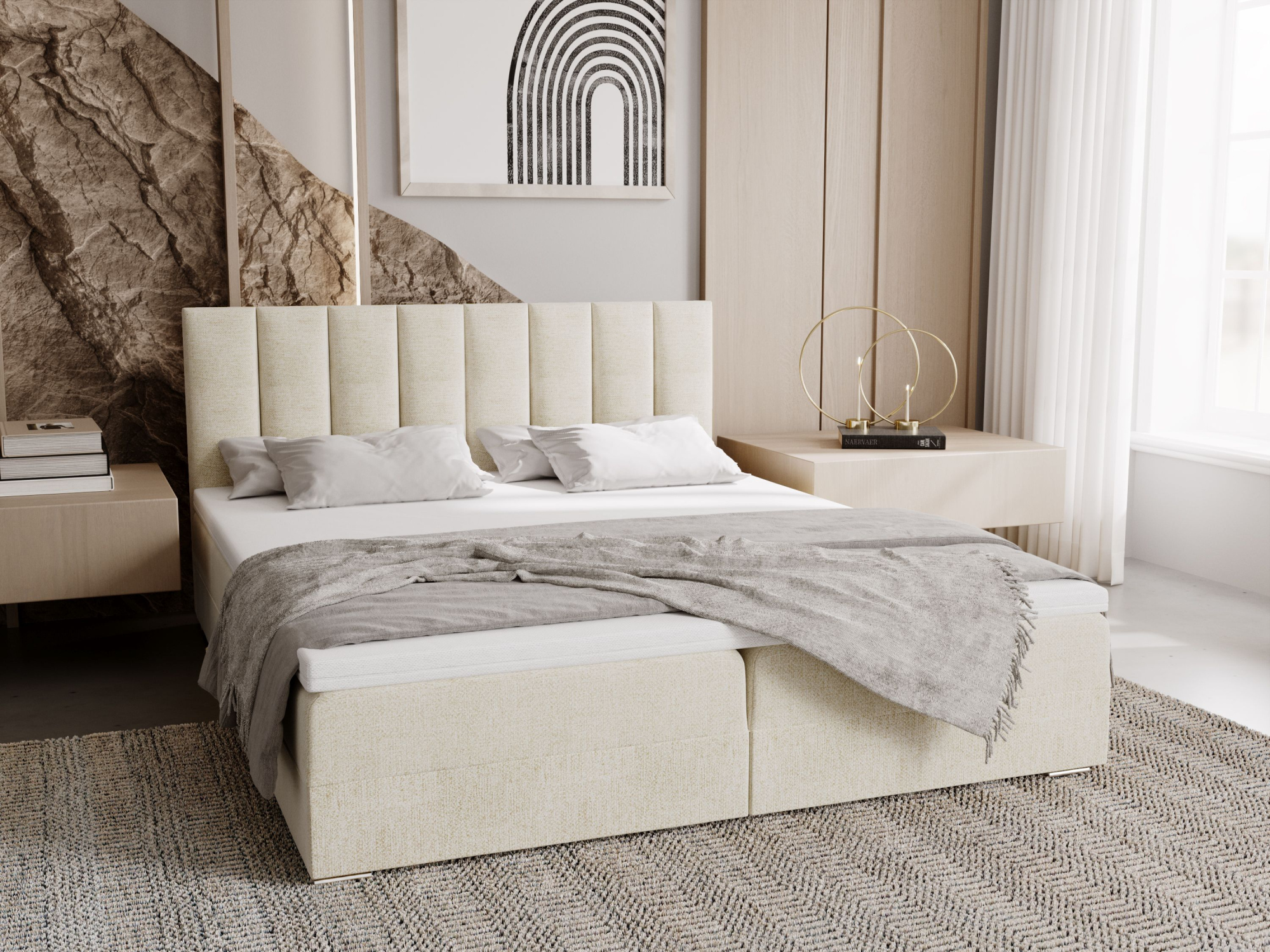 Čalúnená posteľ 160x200 ELSIE 4 s úložným priestorom - svetlo béžová