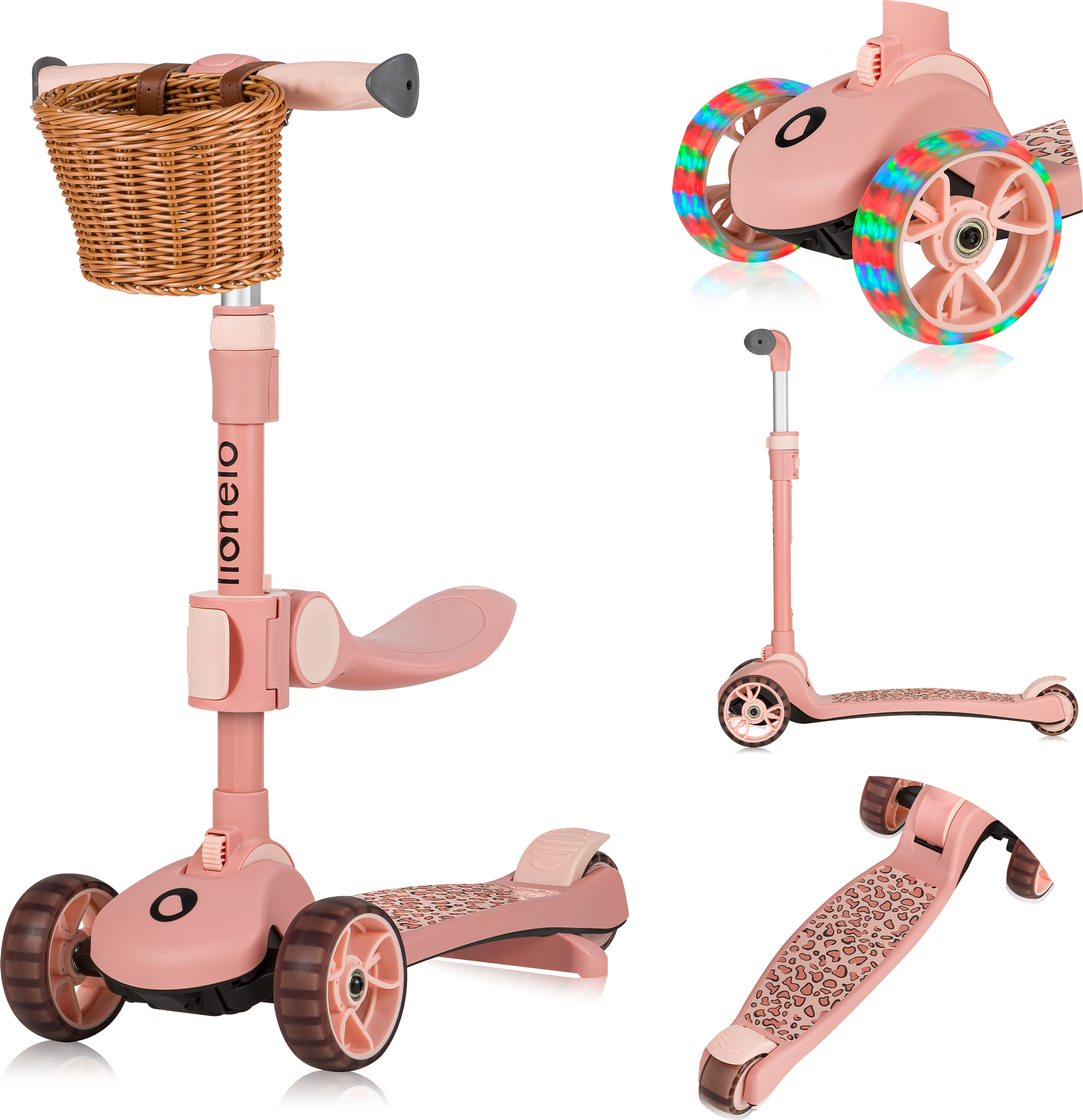 Lionelo Franky 2in1 Kinder Laufrad bis 20 kg Balance Roller bis 50 kg Höhenverstellbar, LED-Räder, rutschfestes Trittbrett, Korb Pink LO-FRANKY PINK ROSE