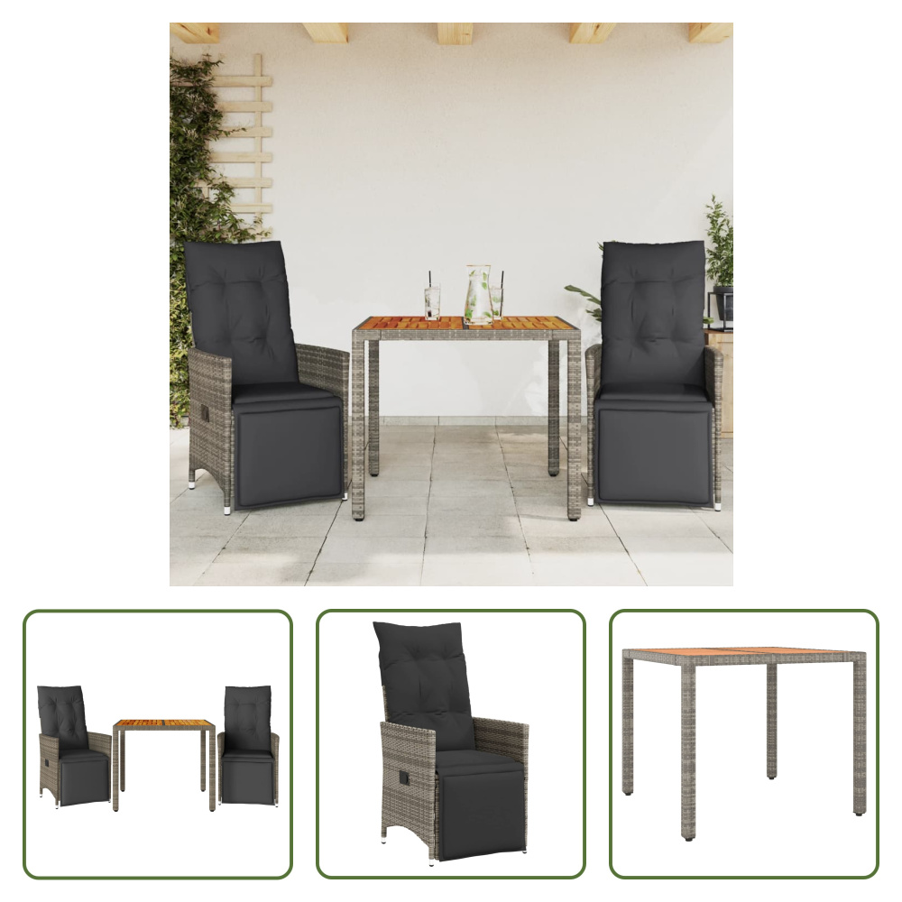 The Living Store 3-dielny záhradný bistro set s vankúšmi sivý polyratan