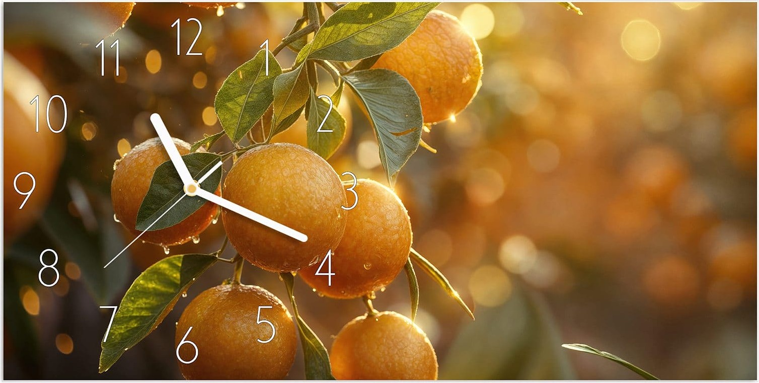 Primedeco Wanduhr aus Glas mit Motiv Sonnengeflutete Orangen- 60 x 30 cm - inkl. Aufhängesystem
