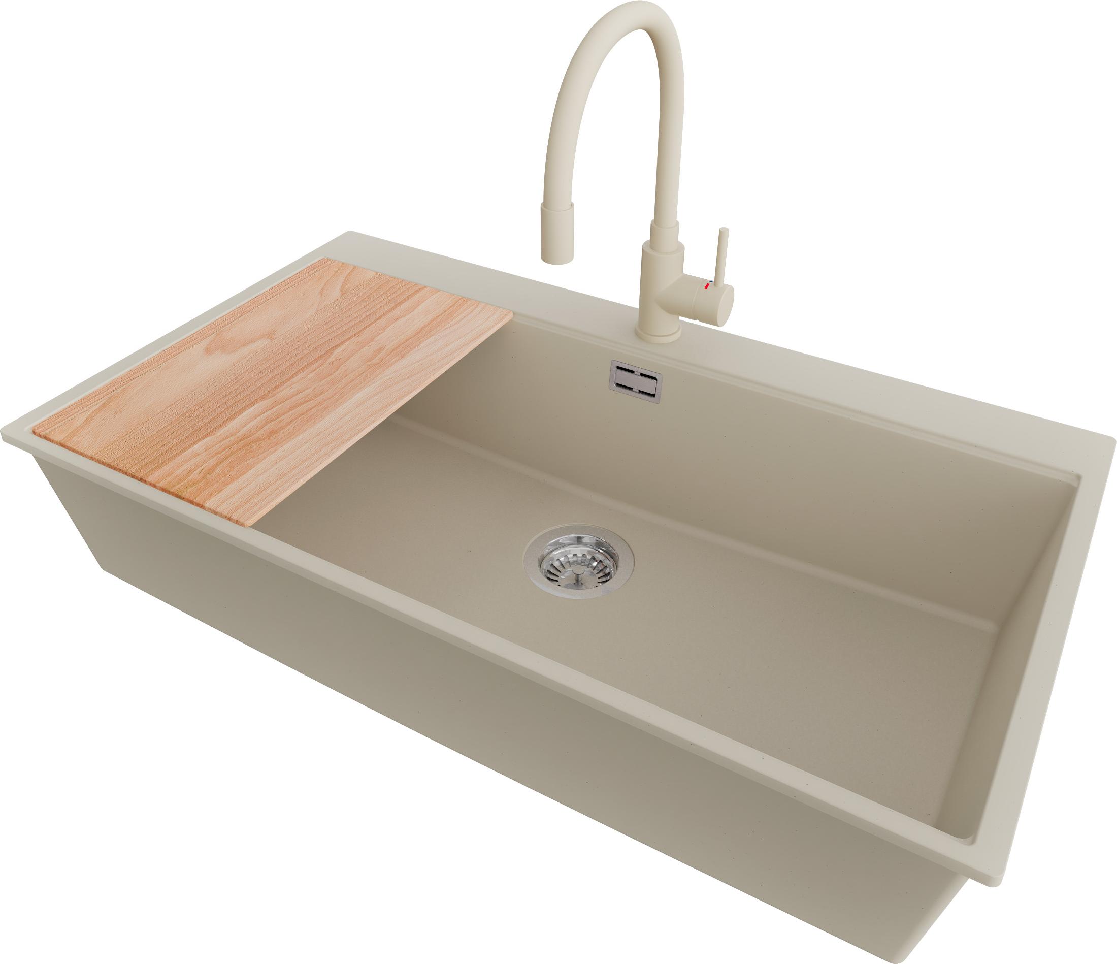 PRIMAGRAN Granitspüle Beige 88x50cm, Spülbecken 1 Becken + Küchenarmatur 38x14cm + Ablauf-Set + Schneidebrett, Küchenspüle ab 90er Unterschrank - Oslo