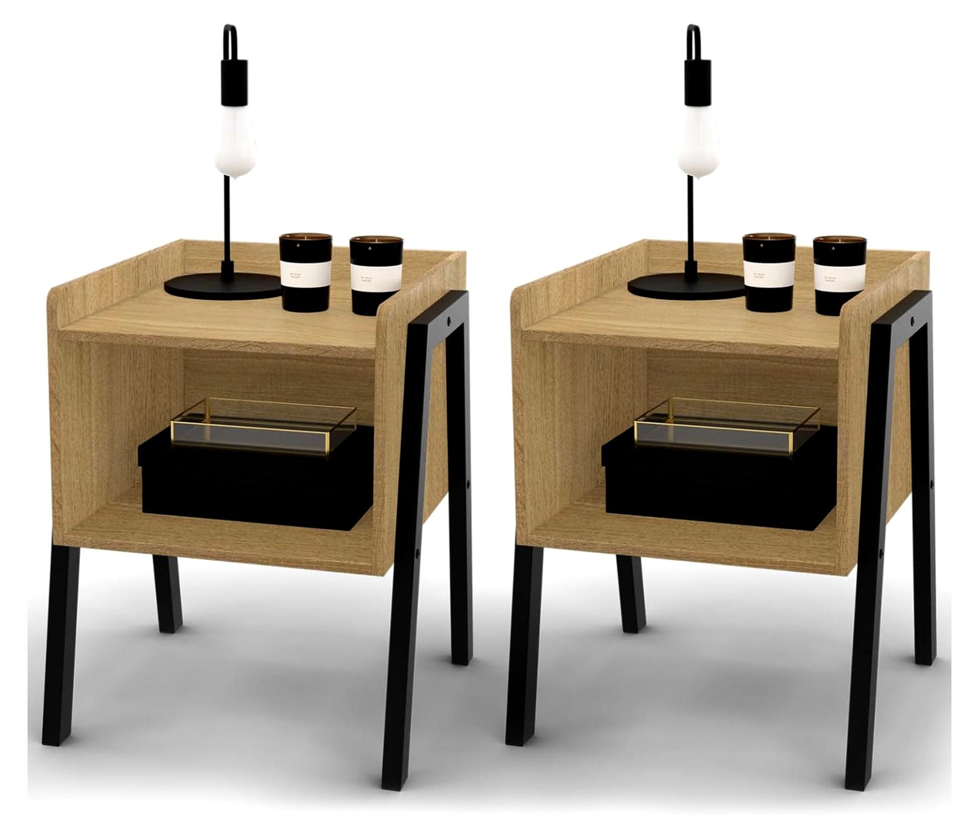 Markenlos 2er-Set Nachttische DALAT mit Nische aus Holz und Metallbeinen in Schwarz im Industriedesign