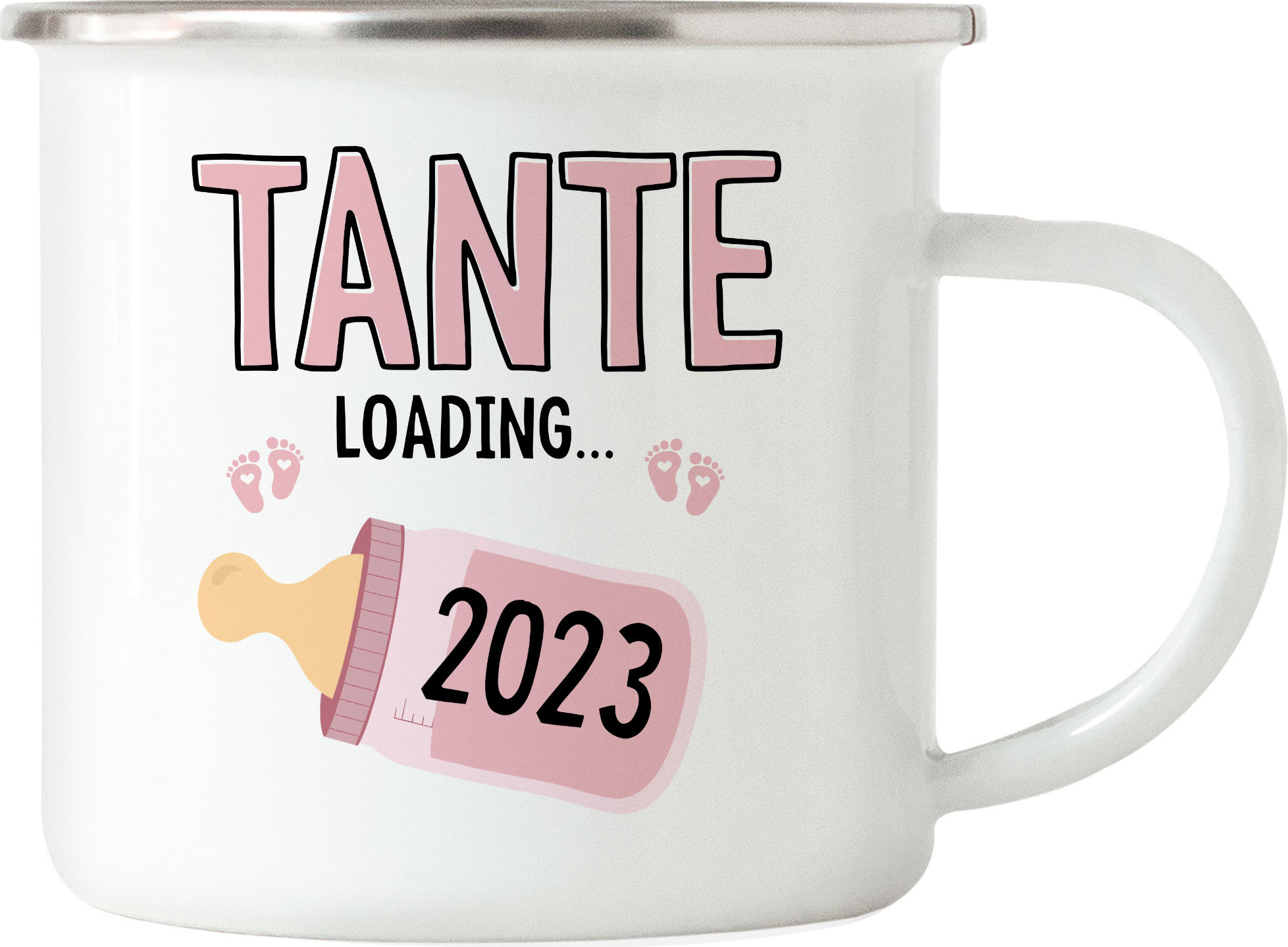 Hey!Print Tante Loading 2023 Emaille Tasse Geschenk Werdende Tante Babynews mit Ladebalken Schwangerschaft Geschenkidee HP-1920-E