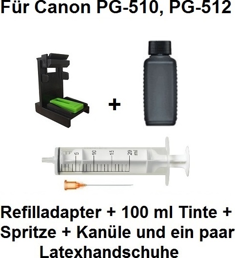 Die Patronenprofis Befülladapter + 100 ml INK-MATE Refill-Tinte black für Canon PG-510 und PG-512 - Mit diesem Adapter befüllen Sie Ihre Patrone mit wenigen Handgriffen in nur wenigen Minuten selbst. Für Pixma IP 2700, Pixma MP 230, Pixma MP 230-Serie, Pixma MP 235, Pixma MP 240, Pixma MP 250, Pixma MP 260, Pixma MP 270, Pixma MP 280, Pixma MP 280-Serie, Pixma MP 282, Pixma MP 480, Pixma MP 490, MP 490 Pixma Series, Pixma MP 495, MP 499 Pixma, Pixma MX 320, Pixma MX 330, Pixma MX 340, Pixma MX 3
