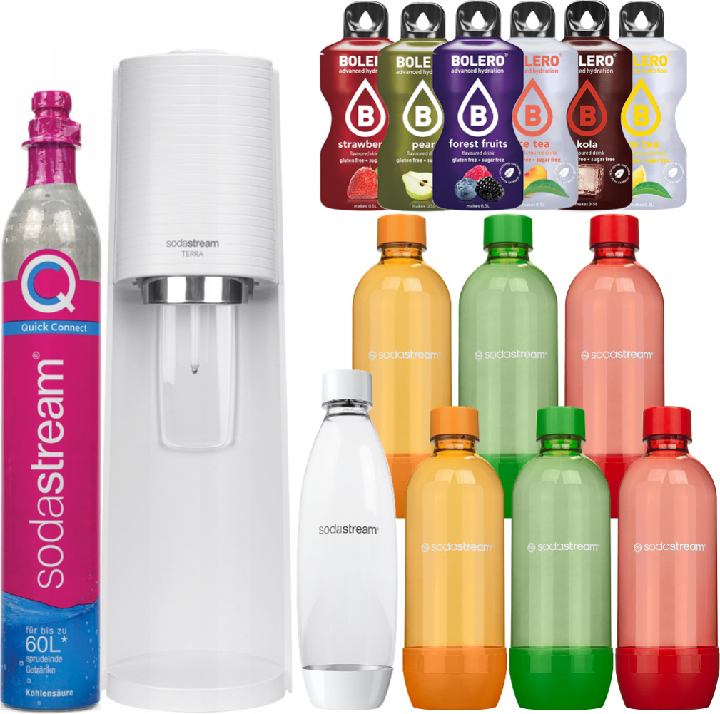 Výrobník perlivej vody SodaStream Terra White + 7 fliaš, 1 l, biela/oranžová/zelená/červená + Bolero