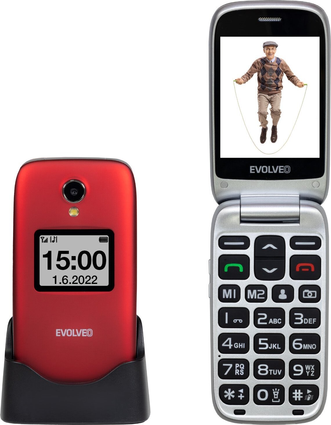 EVOLVEO EasyPhone FS, vyklápací mobilný telefón 2.8" pre seniorov s nabíjacím stojanom (červená farba)