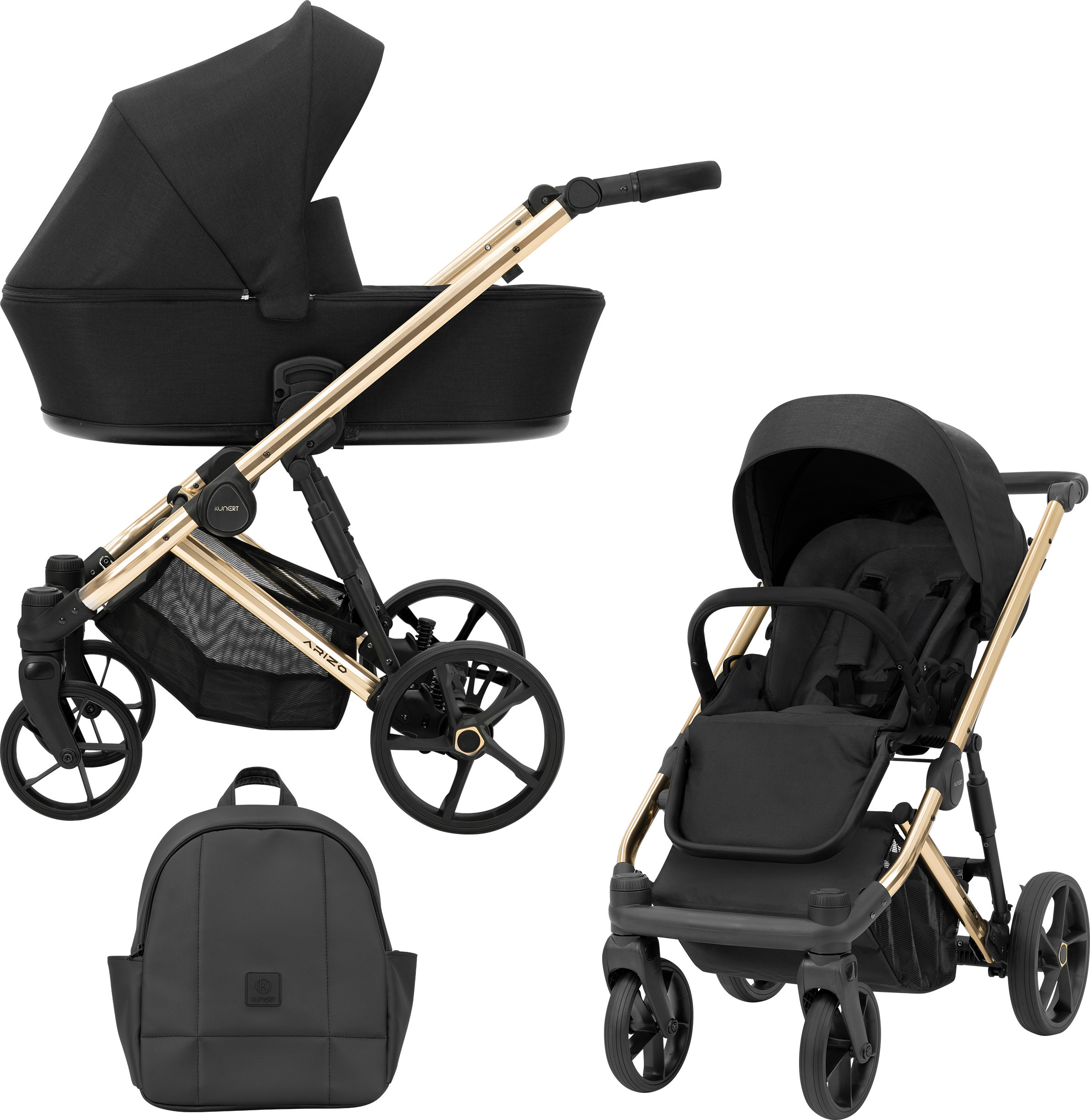 Kinderwagen ARIZO Sportwagen Babywagen Babyschale Komplettset Kinder Wagen Set 2 in 1 (Black, Rahmenfarbe: Gold)