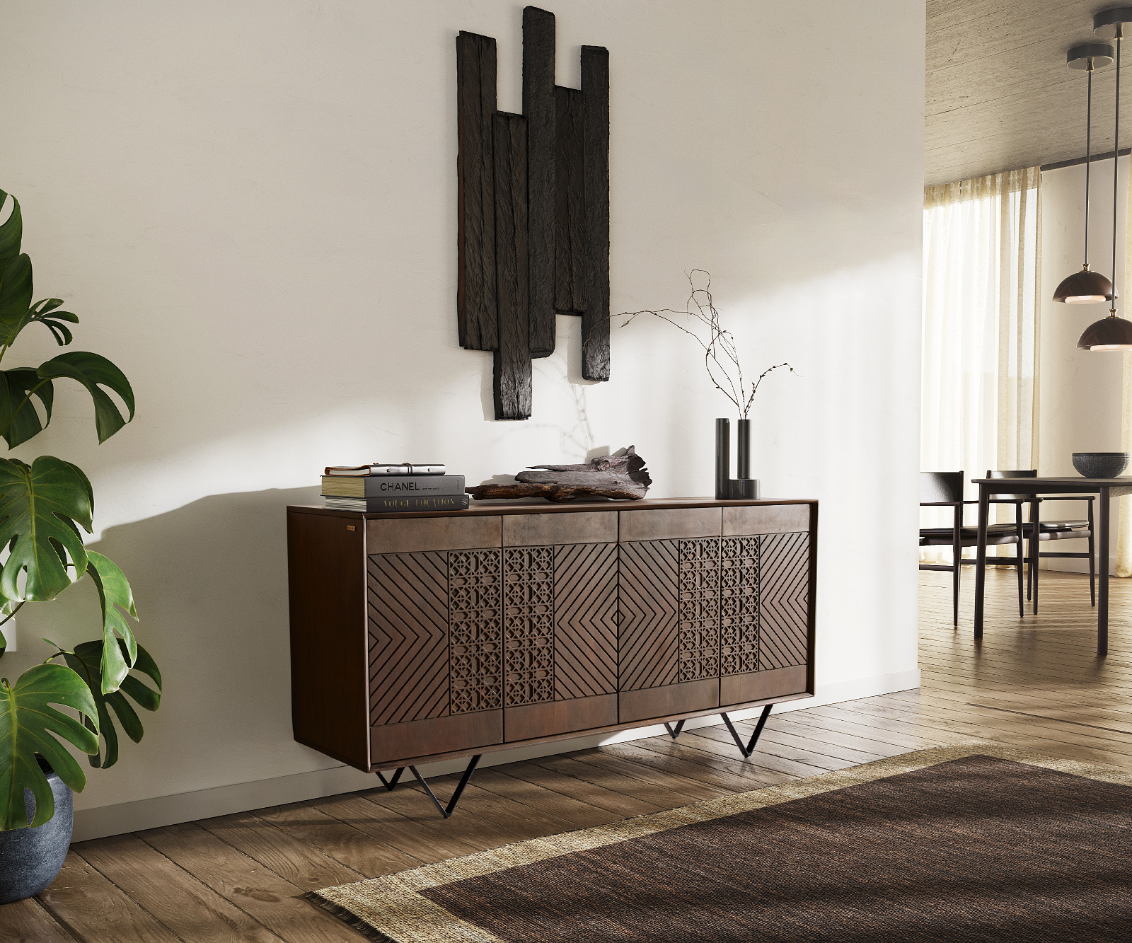 DELIFE Sideboard Manjula 145 cm Mango Braun 4 Türen V-Fuß Metall Schwarz 38759