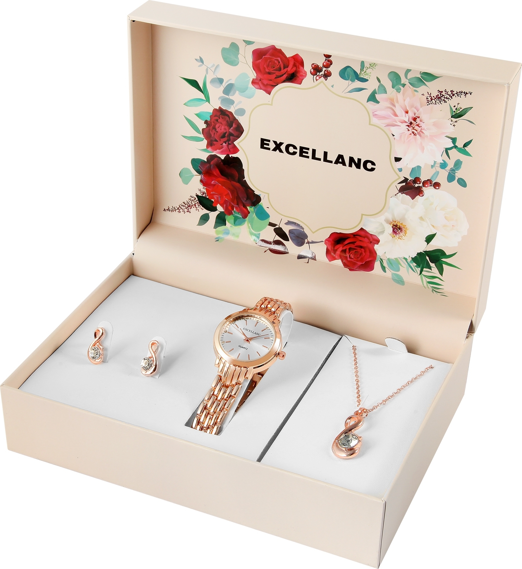 Excellanc Geschenkset mit Damenuhr, Halskette und Ohrsteckern