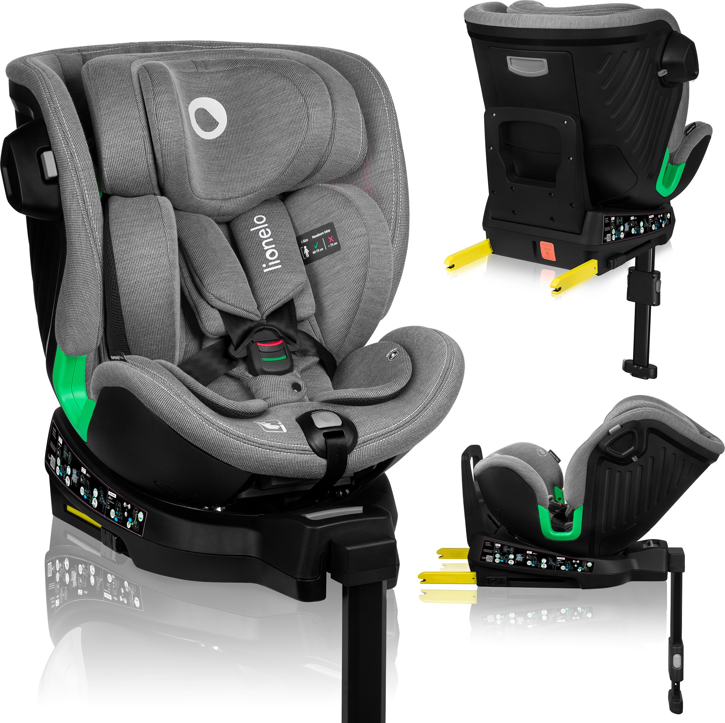 Detská autosedačka Lionelo Harmony i-Size, 360° základňa EasyTurn, ISOFIX a opora nohy, BuckleAlarm, ochrana proti bočnému nárazu, nastaviteľná opierka hlavy a chrbta - sivá