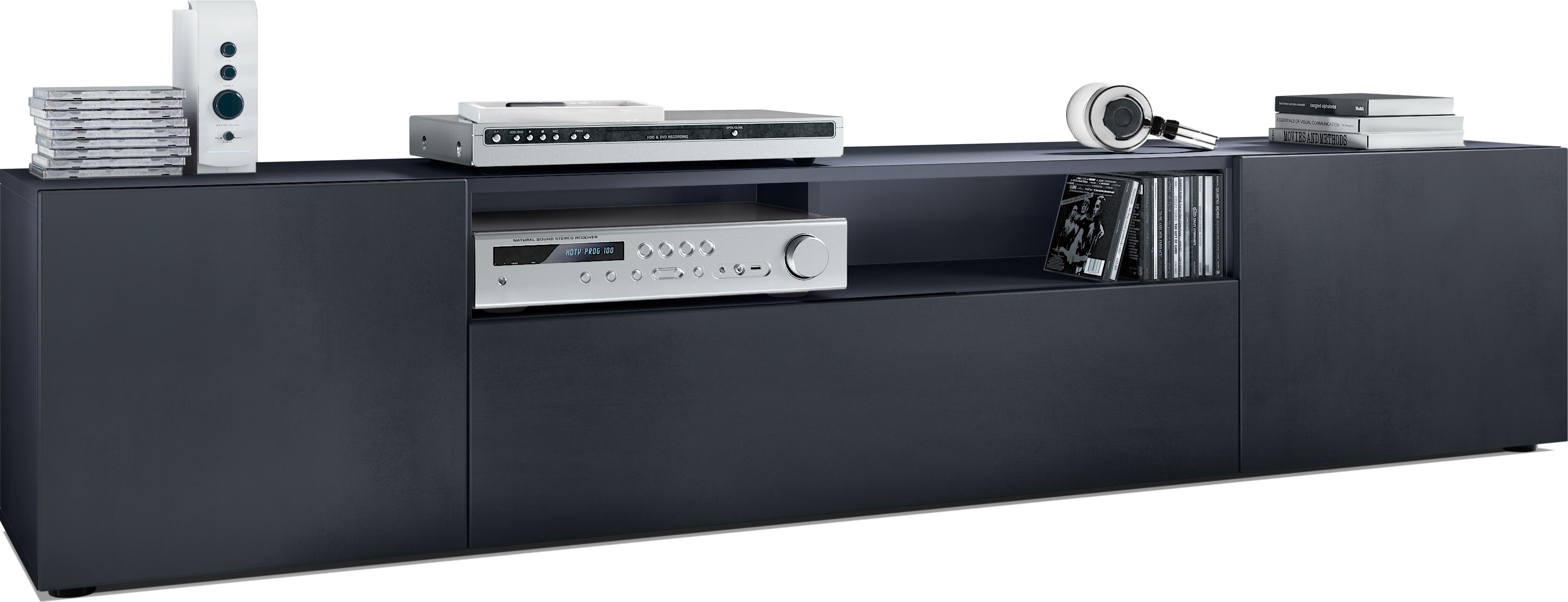 Vladon TV Board Mogan 181cm - Lowboard Mit 6 Fächern In Anthrazit/Weiß, Wandmontierbar