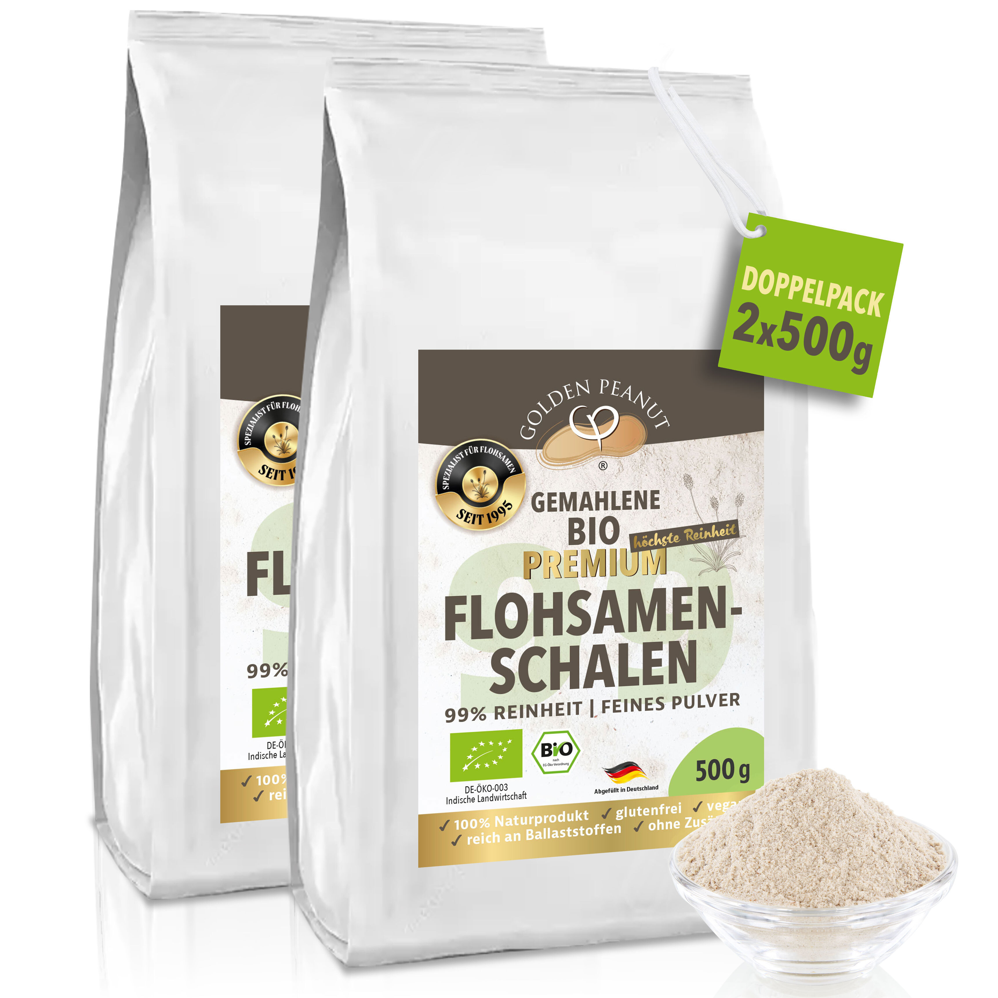 GOLDEN PEANUT Flohsamenschalen Pulver BIO 99% 2x 500 g – Premium Psyllium Pulver, fein gemahlen ohne Zusätze, glutenfreie Backzutat 50051