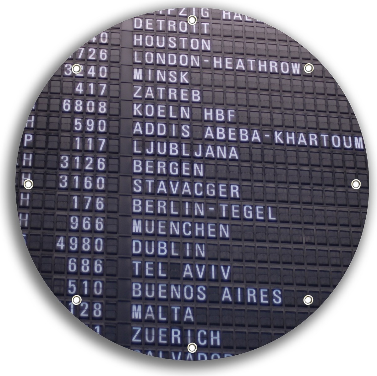 Wallario rundes Outdoor-Poster für Garten oder Balkon, Motiv Flughafen Abflugtafel, 30 cm Durchmesser ruban0065-3030