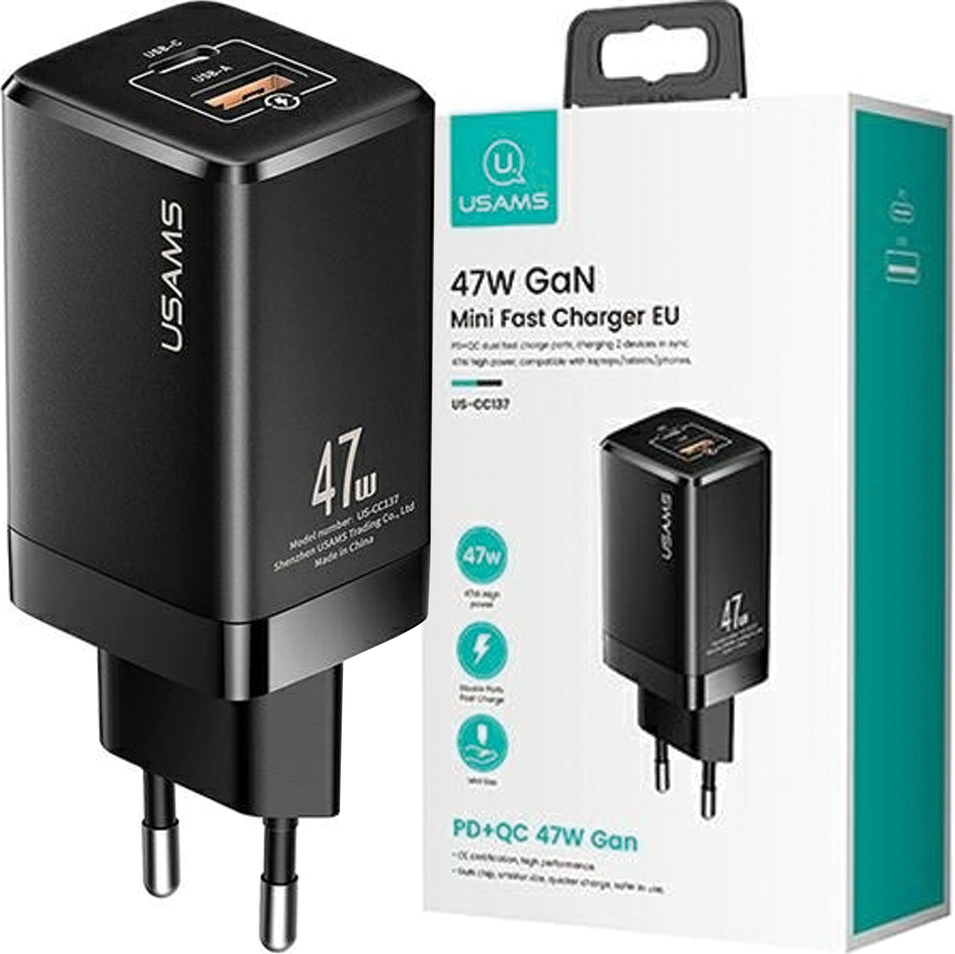 Usams Lad. Siete. T41 Usb-C+Usb Gan 47W Pd+Qc (Iba Hlava) Rýchle Nabíjanie Čierna/Čierna Cc137Tc01 (Us-Cc137)