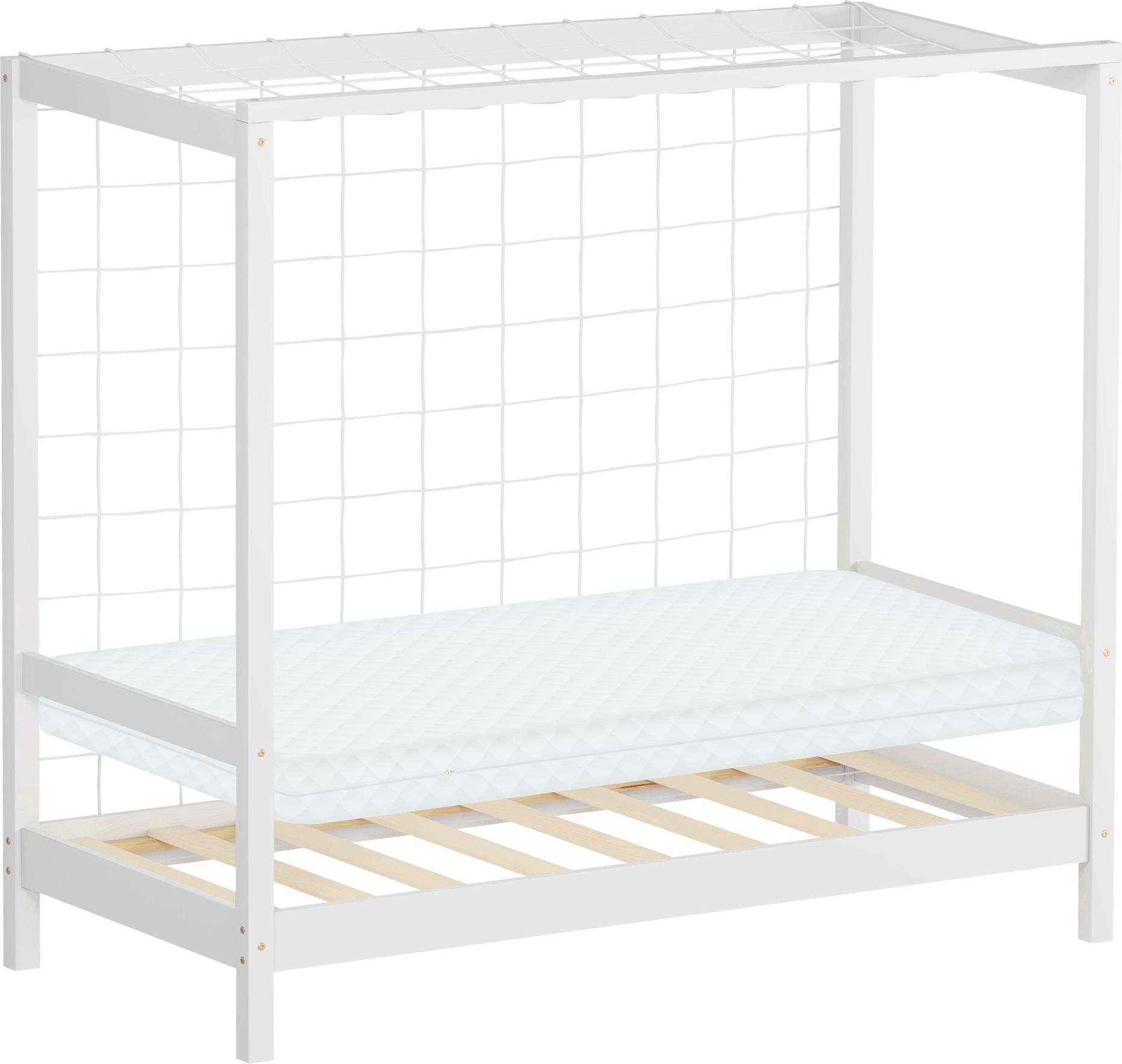 ML-Design Kinderbett Fußballtor 70x140 cm Einzelbett mit Matratze H:10cm Weiß Holzbett mit Lattenrost & Netz Jugendbett aus Kiefernholz Handballtor 490017848