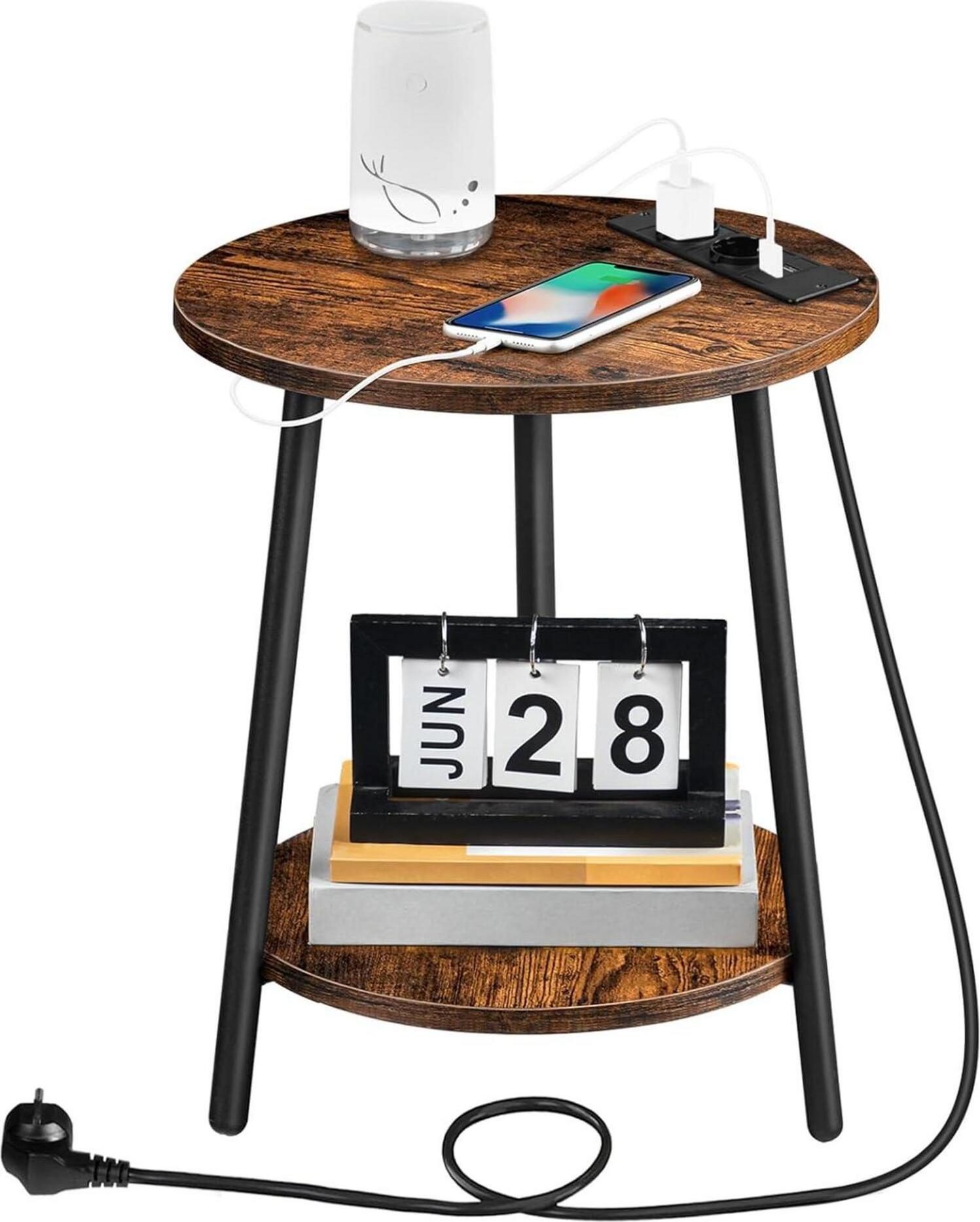 Sonstige Runder Beistelltisch mit Ladestation und 2 Ebenen Vintagebraun und Schwarz