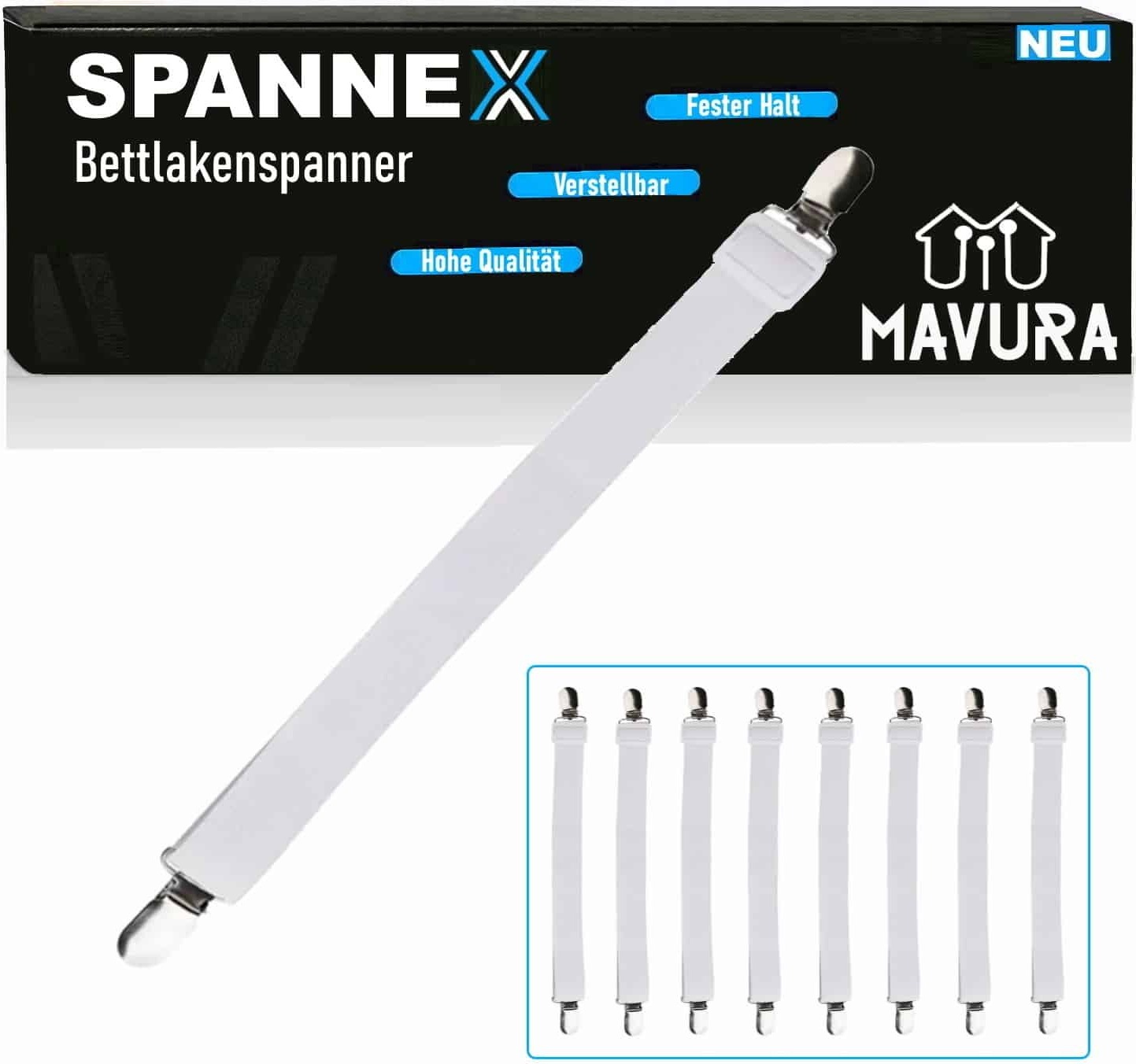 MAVURA SPANNEX verstellbare Bettlakenspanner Betttuchspanner Lakenspanner bis200cm 8er weiß - Weiß A403