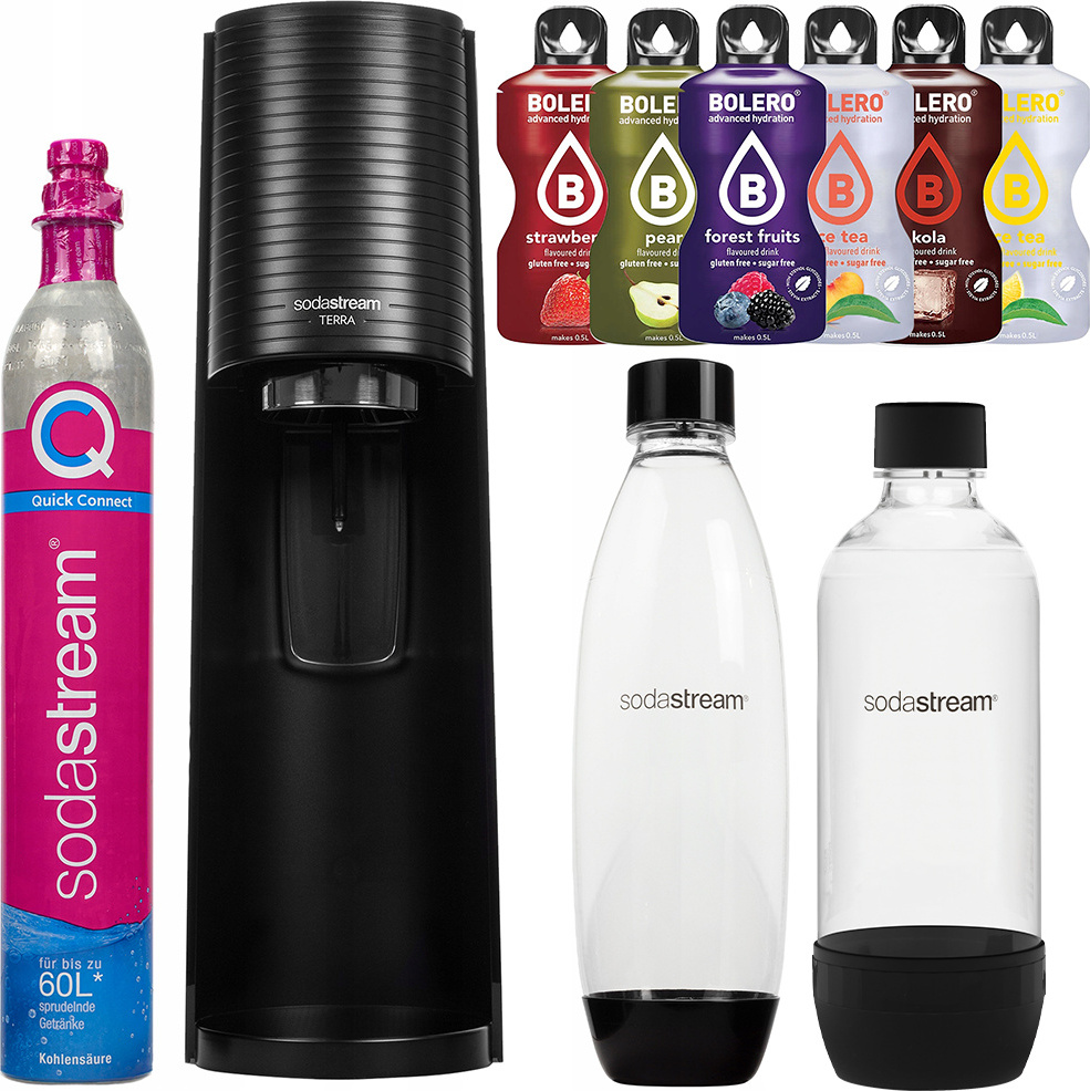 Výrobník sódy SodaStream Terra Black + 2 čierne fľaše + Bolero