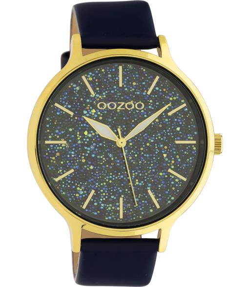 Dámske hodinky Oozoo s koženým remienkom 48 mm zlaté/modré trblietavé C10662