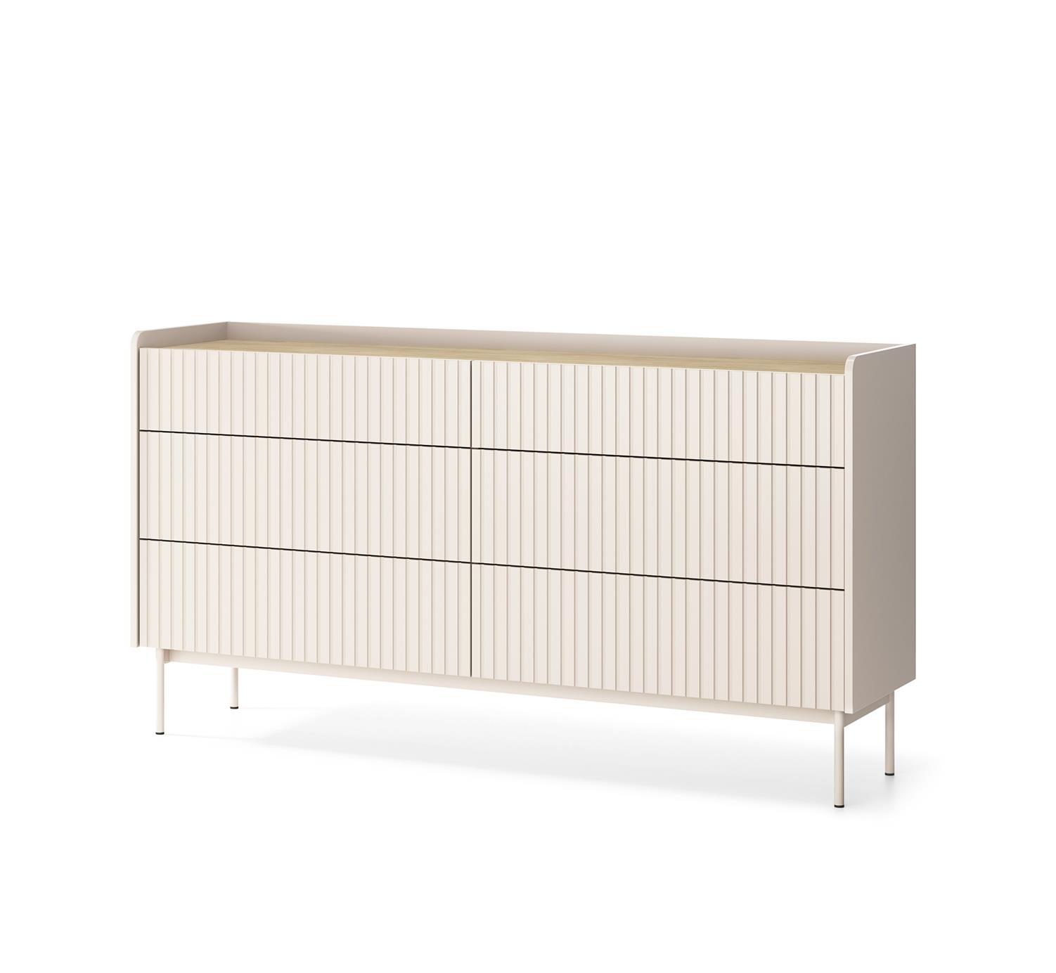 BETTSO Breite Kommode mit viele Schubladen geriffelte Fronten LEVANT Beige 153cm