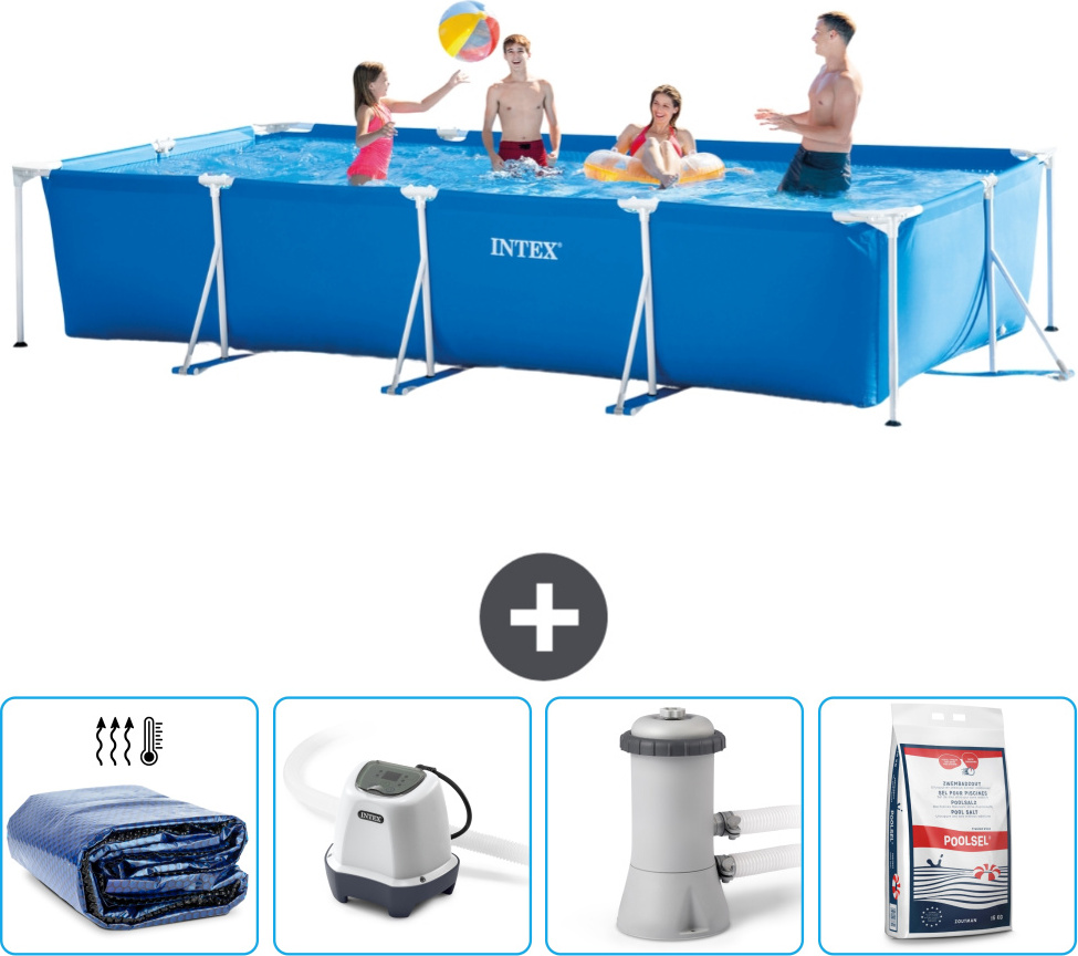 Bazén Intex s obdĺžnikovým rámom - 450 x 220 x 84 cm - modrý - vrátane markízy - systém so slanou vodou - filtračné čerpadlo pre bazén - bazénová soľ