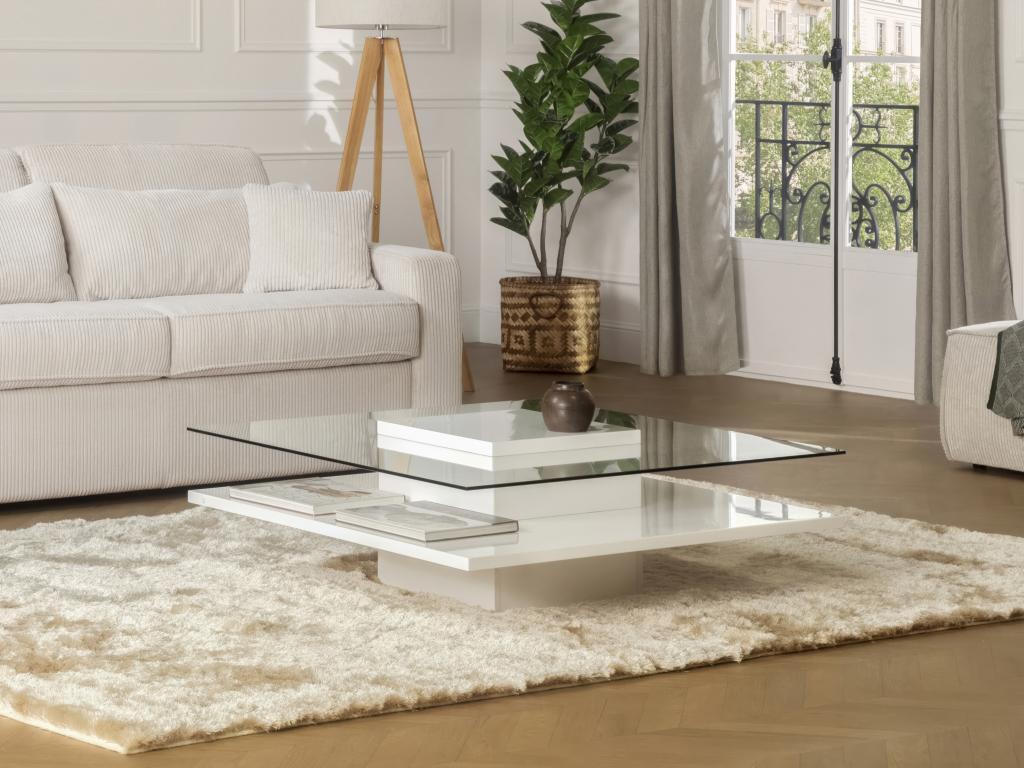 Vente-unique Couchtisch - Glas & MDF - Weiß - ISANIA