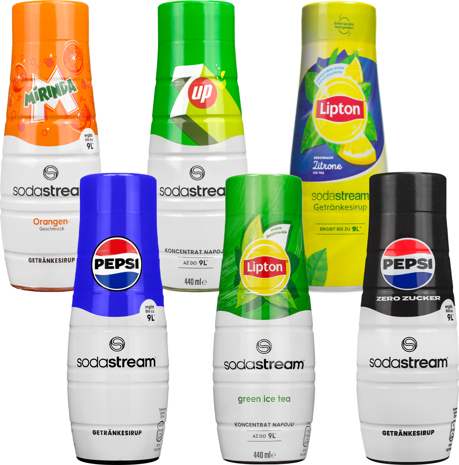 Sirup SodaStream Pepsi, Pepsi Max Light,, 7UP, Mirinda, Lipton Ice Tea Green Tea, Lipton Ice Tea Lemon, 440ml, 6 Stück