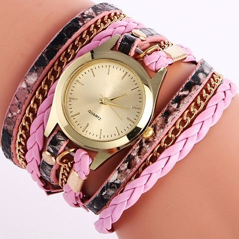 HARAHU Elegante Rosa Damenarmbanduhr Carude Leopard mit doppeltem Armband KP3605