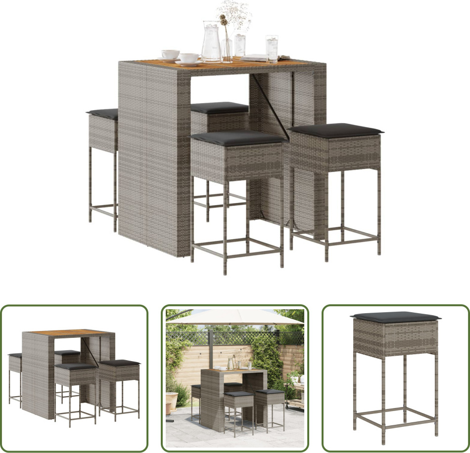 The Living Store 5-dielny záhradný barový set s vankúšmi sivý polyratan