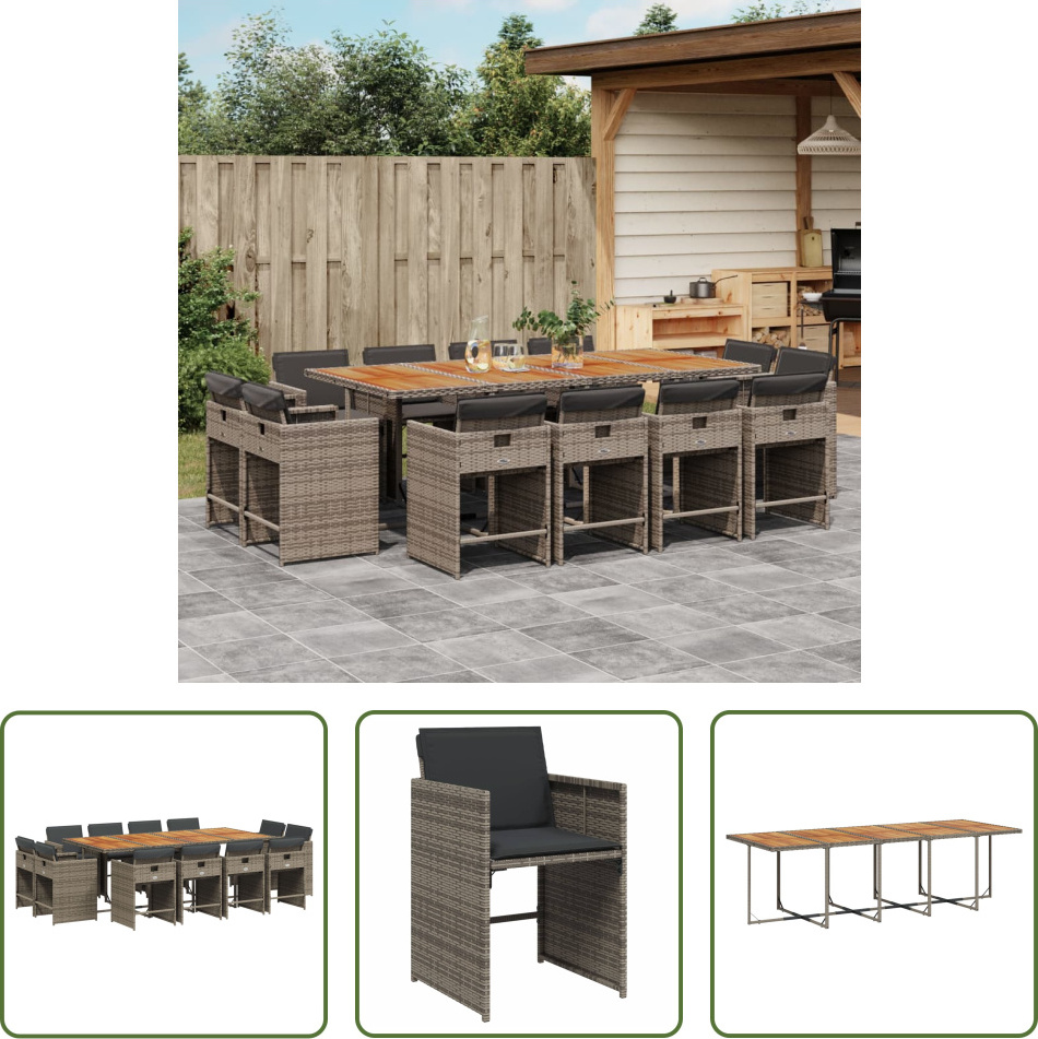 The Living Store 13-dielny záhradný jedálenský set s vankúšmi sivý polyratan