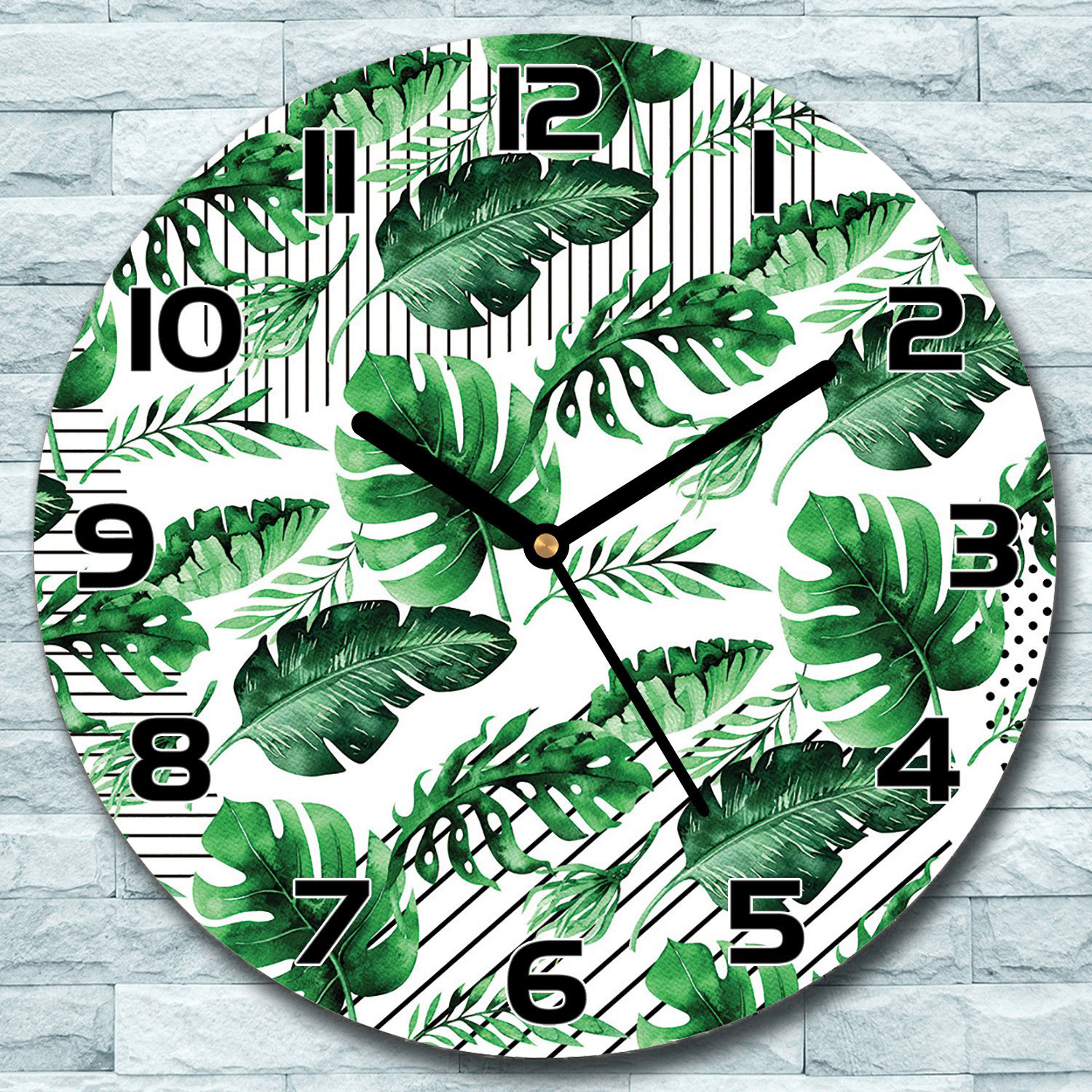 coloray Wanduhr aus Glas Rund fi 30 Fallende Blätter auf Streifen Deko Schlafzimmer Büro zso-black-f30-lenarte-141