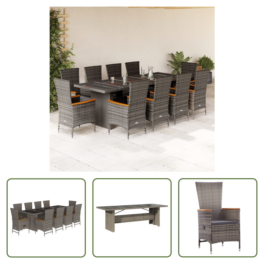 The Living Store 11-dielny záhradný jedálenský set s vankúšmi sivý polyratan