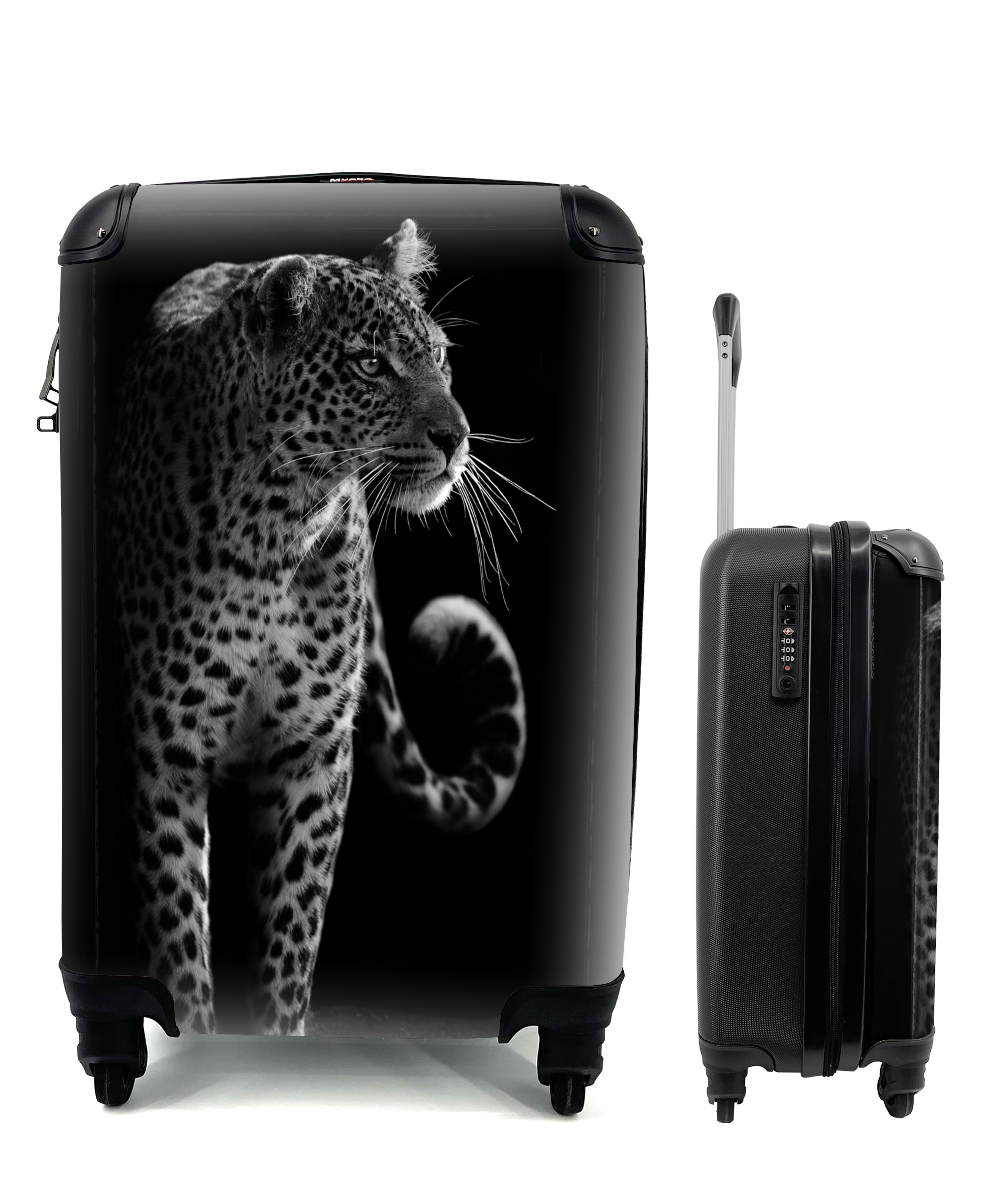 MuchoWow® Koffer Handgepäck Trolley Rollkoffer Kleine Reisekoffer mit 4 Rollen - Wildtiere - Leopard - Natur - Schwarz - Weiß - Cabin Size < 55x40x23 cm & 55x40x20 cm - Fotokoffer - Kabinenkoffer - Boardgepäck - Reise-Box - Reisekoffer - Reisegepäck - Koffer mit Bild - Trolley für Kinder 68|891607640