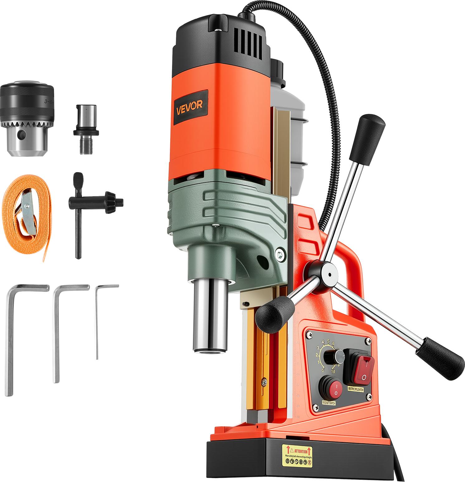 Magnetická vŕtačka VEVOR 1350 W priemer vrtáka 50 mm, výkon 12500 N, prenosná magnetická vŕtačka s nastaviteľnými otáčkami a hriadeľom Weldon, na kovové povrchy pre domácich majstrov