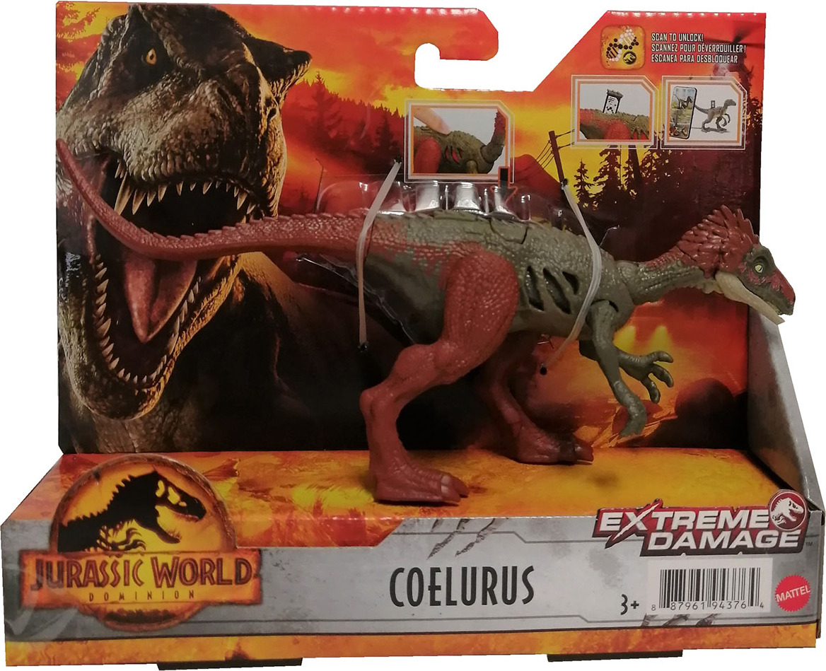 Mattel GWN16 Jurassic World Dominion Coelurus bewegliche Dinosaurier Figur 20 cm Rot Braun mit Kampfverletzung
