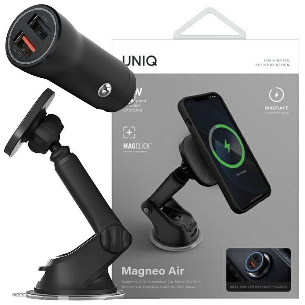 Uniq Magnetický držiak do auta Magneo s indukčným nabíjaním 3v1 Držiak na palubnú dosku a ventiláciu sivý/sivý