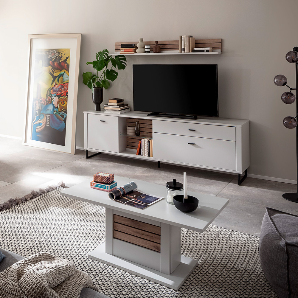 Lomadox Wohnmöbel Set weiß mit Eiche-Lamellen LAUREANA-05 3-teilig LA05-LAUREANA-05-SET13