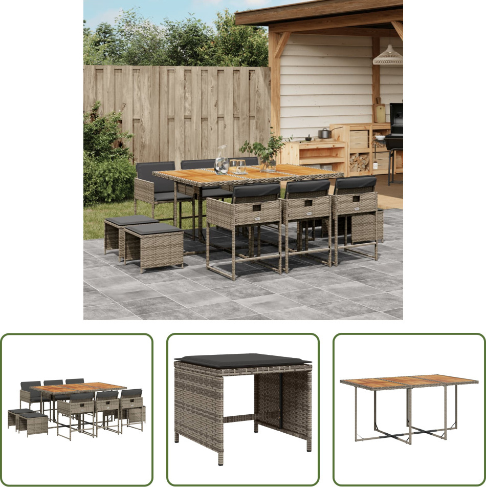 The Living Store 11-dielny záhradný jedálenský set s vankúšmi sivý polyratan