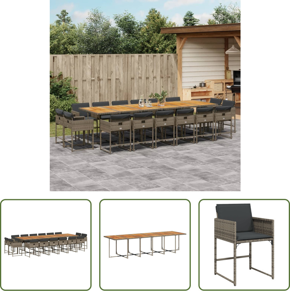 The Living Store 17-dielny záhradný jedálenský set s vankúšmi sivý polyratan