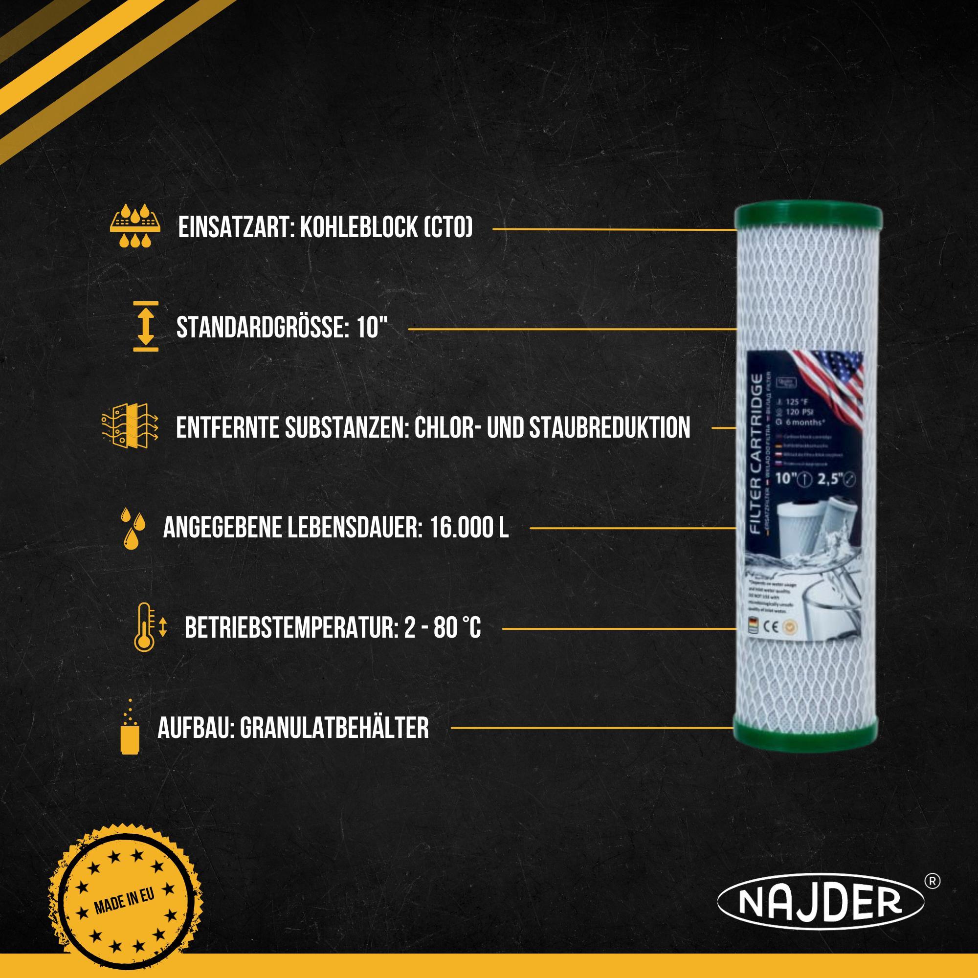 NAJDER Wasserfilterpatronen 10 Zoll Carbon Block GAC, Mikronage 5-10, für Filtergehäus, Wasserfilter Kartusche, für die Wasserfiltrationn, 5 Stück, Patronensatz C10CBUS_953725