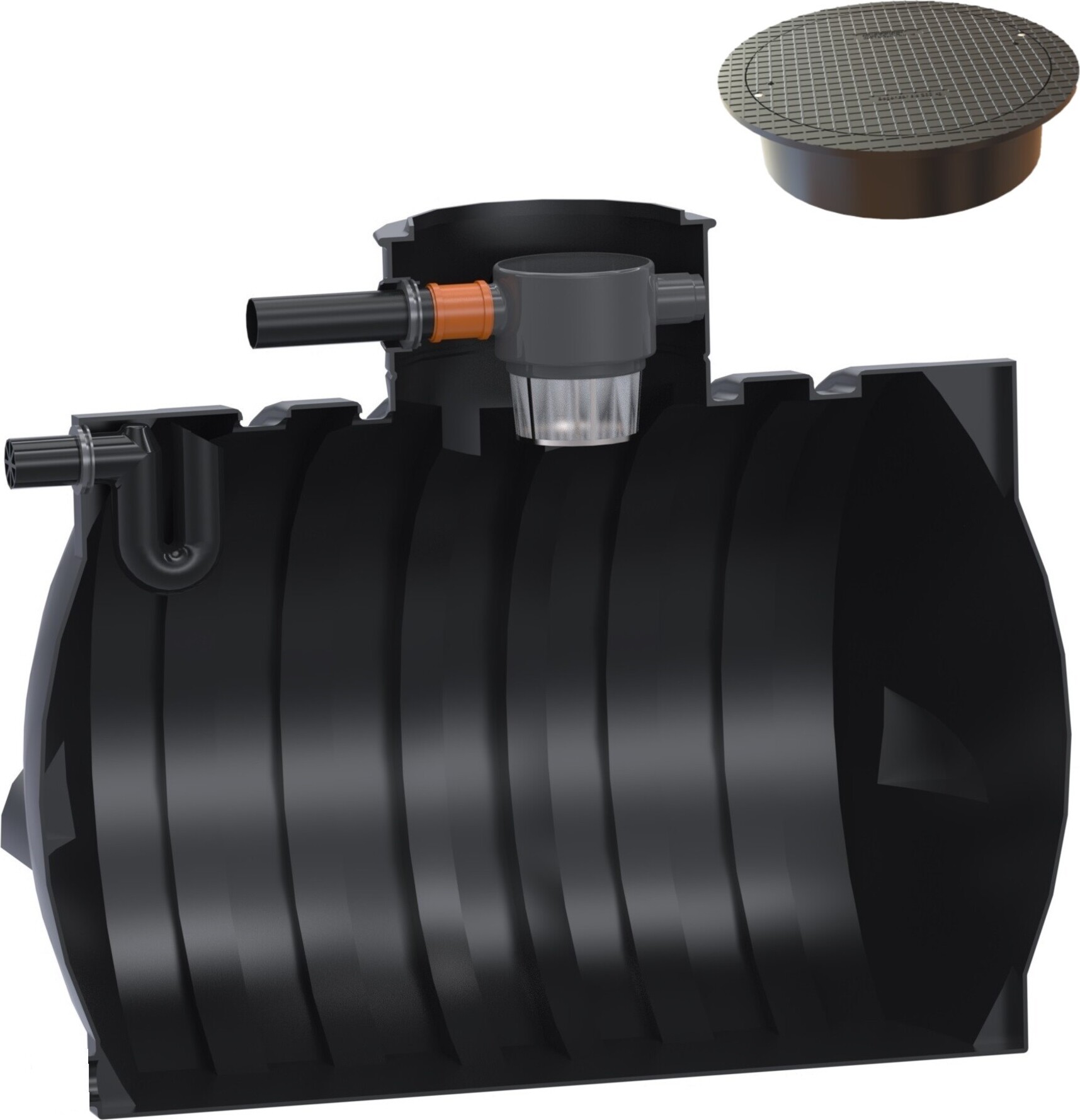 Garten-Zisternen 4000 L Ozeanis inkl. vorinstallierter Korbfilter mit Siphon, begehbarer Tankabdeckung, Regenwassertank, Erdtank, Gartenanlage GS.4100.20.70