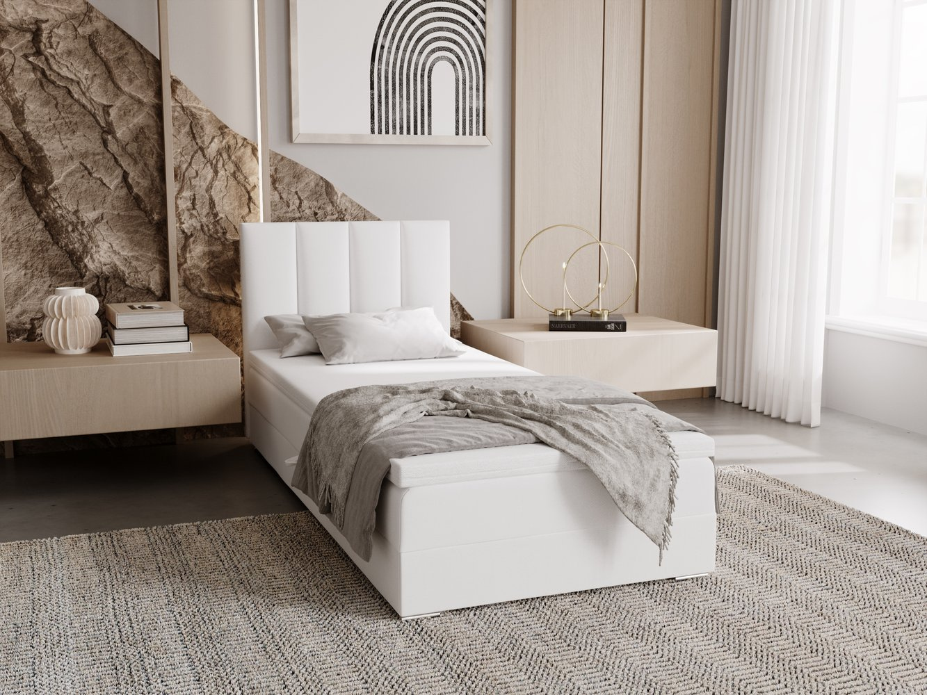 Čalúnená posteľ 90x200 ELSIE 4 s úložným priestorom - biela, pravé prevedenie