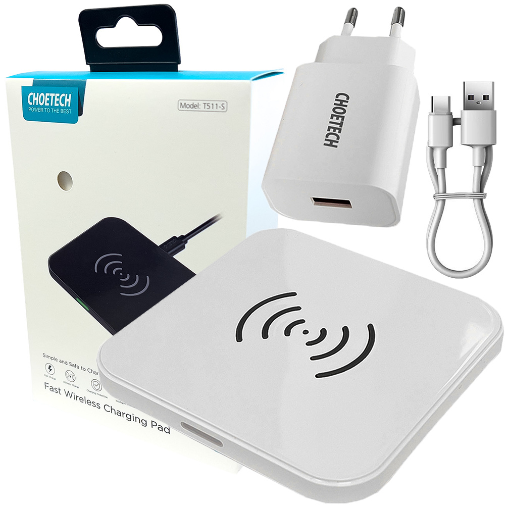 Choetech Sada bezdrôtovej nabíjačky Qi 10 W pre slúchadlá čierna (T511-S) + 18 W sieťová nabíjačka EÚ biela (Q5003) + kábel USB - microUSB 1,2 m biely