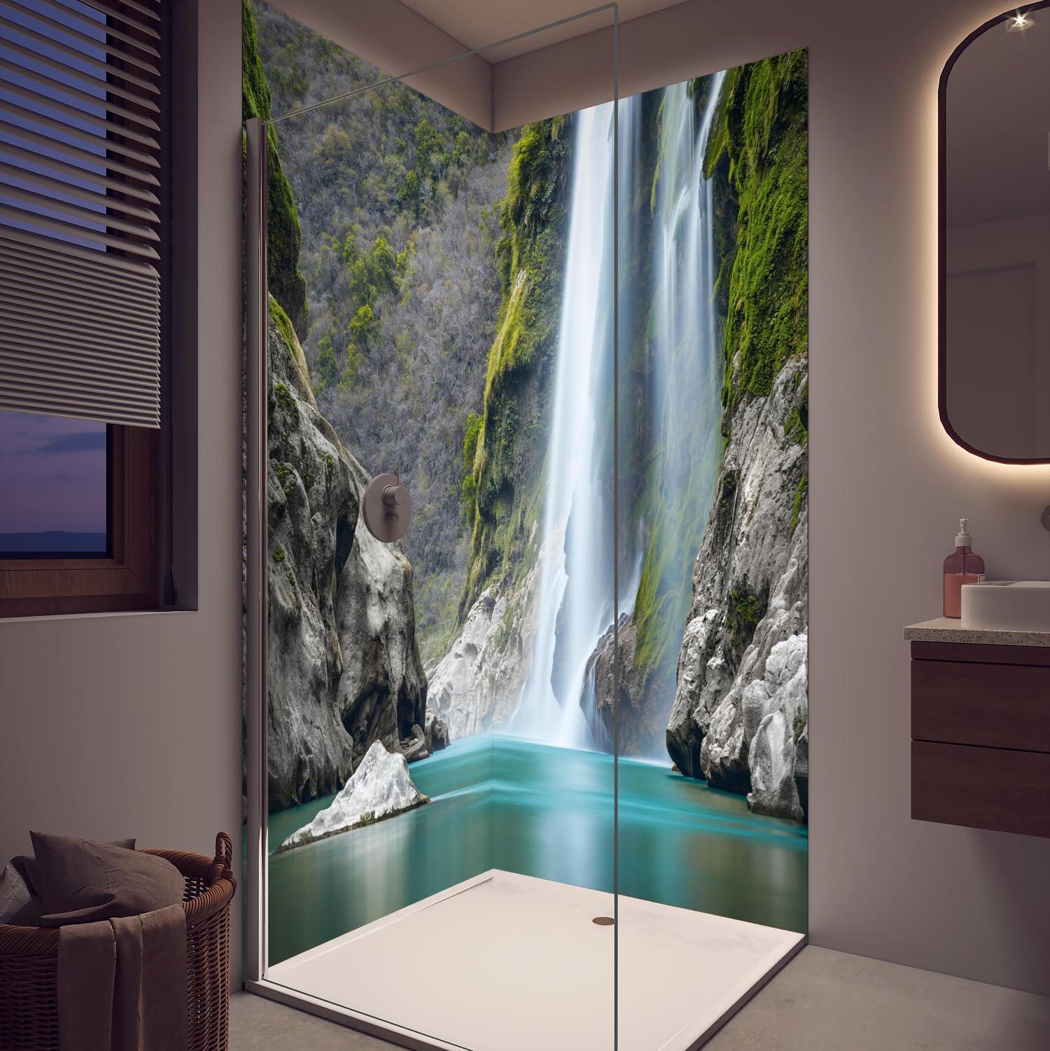 Duschrückwand - Wandverkleidung für Dusche aus ALU Glanz 0,3 cm - 100 x 210 cm - Wasserfall am Fluss Tampaon