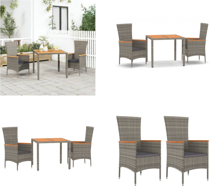 vidaXL 3 tlg. Garten Essgruppe mit Kissen Grau Poly Rattan - Garten Essgruppe - Garten Essgruppen - Essgruppe - Essgruppe Terrasse