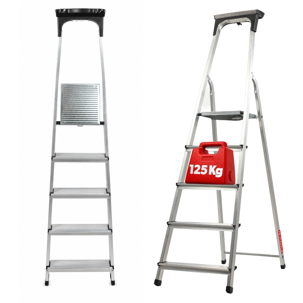 KADAX Alu-Leiter, Stehleiter "Vulvik" bis 125 kg, Treppenleiter, Alu-Sicherheitsleiter, 5 Stufen K4433