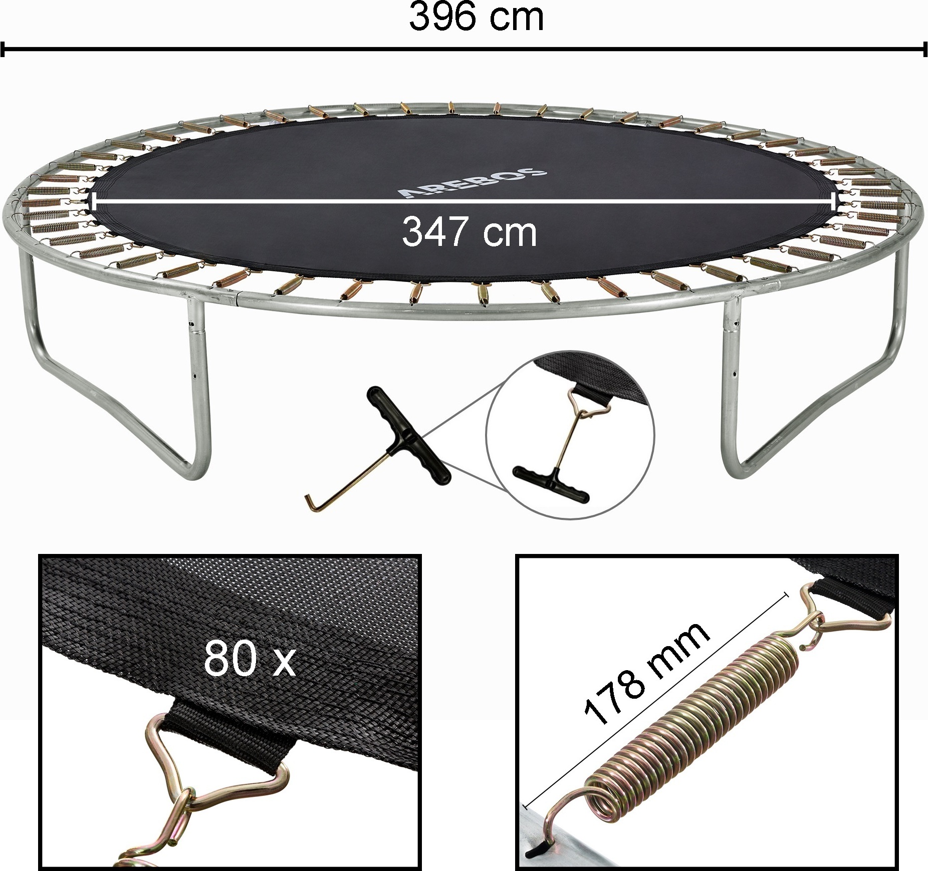 AREBOS podložka na skákanie na trampolíne Ø 347 cm, pre trampolíny s Ø 396 cm, 80 očiek a dĺžka pružiny 178 mm, podložka na skákanie, nosnosť 150 kg, 9-násobný šev